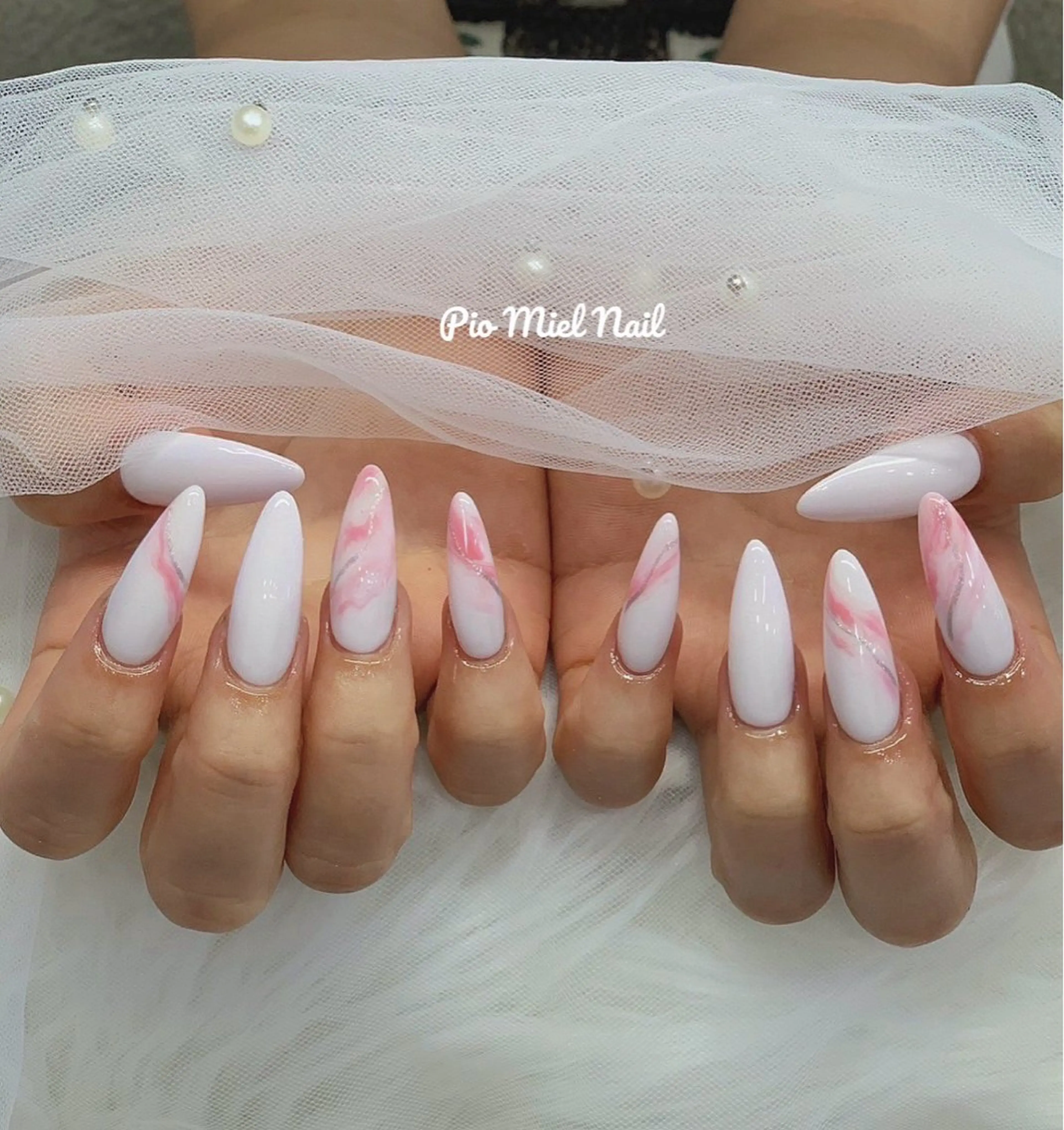 ネイル アートネイル ジェルネイル ガーリー 大理石ネイル(マーブル) マットネイル ハンドネイル momo 長さだしのネイルデザイン