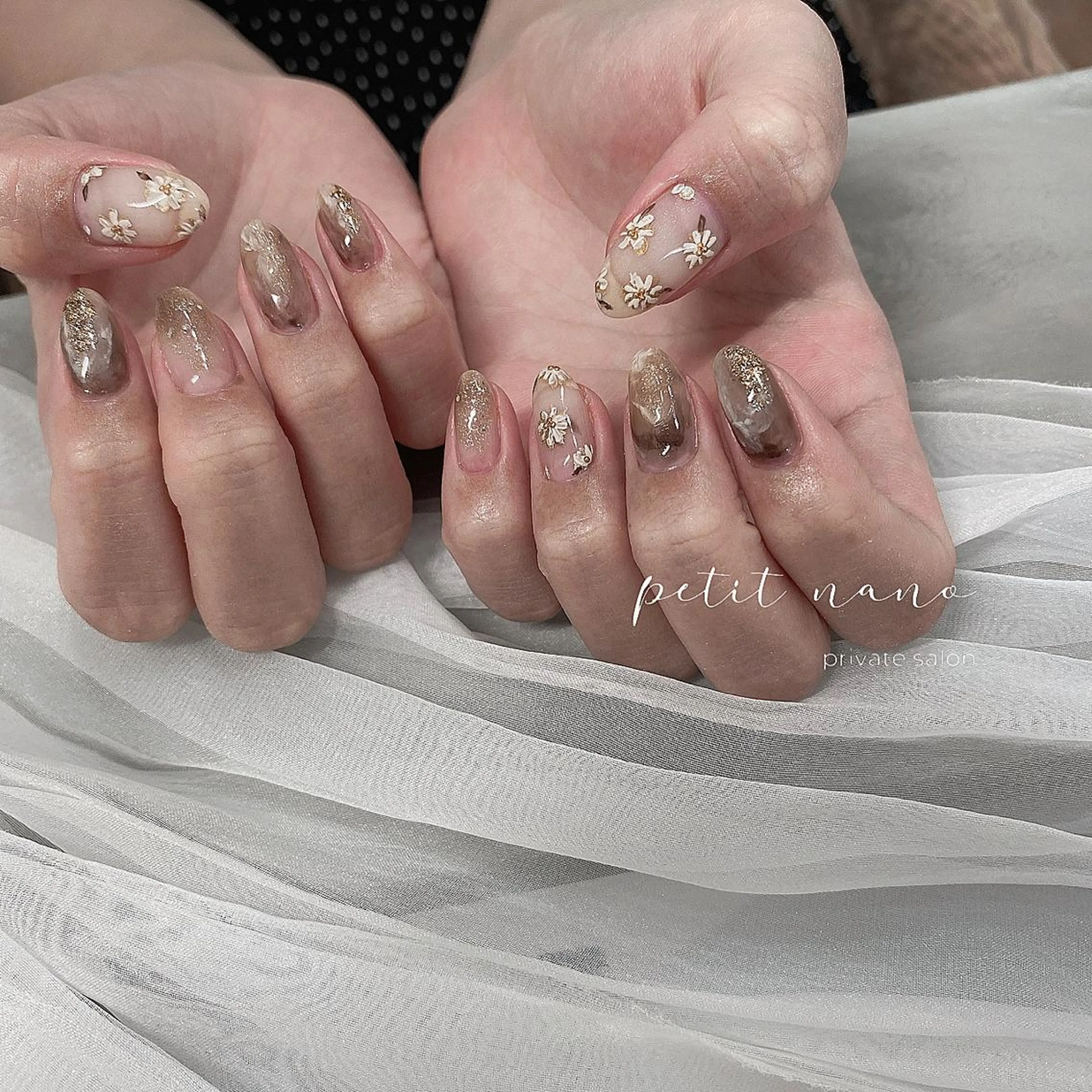 ネイル アートネイル 成人式 長さ出し フラワーネイル ジェルネイル nail◯ petitnanoのネイルデザイン