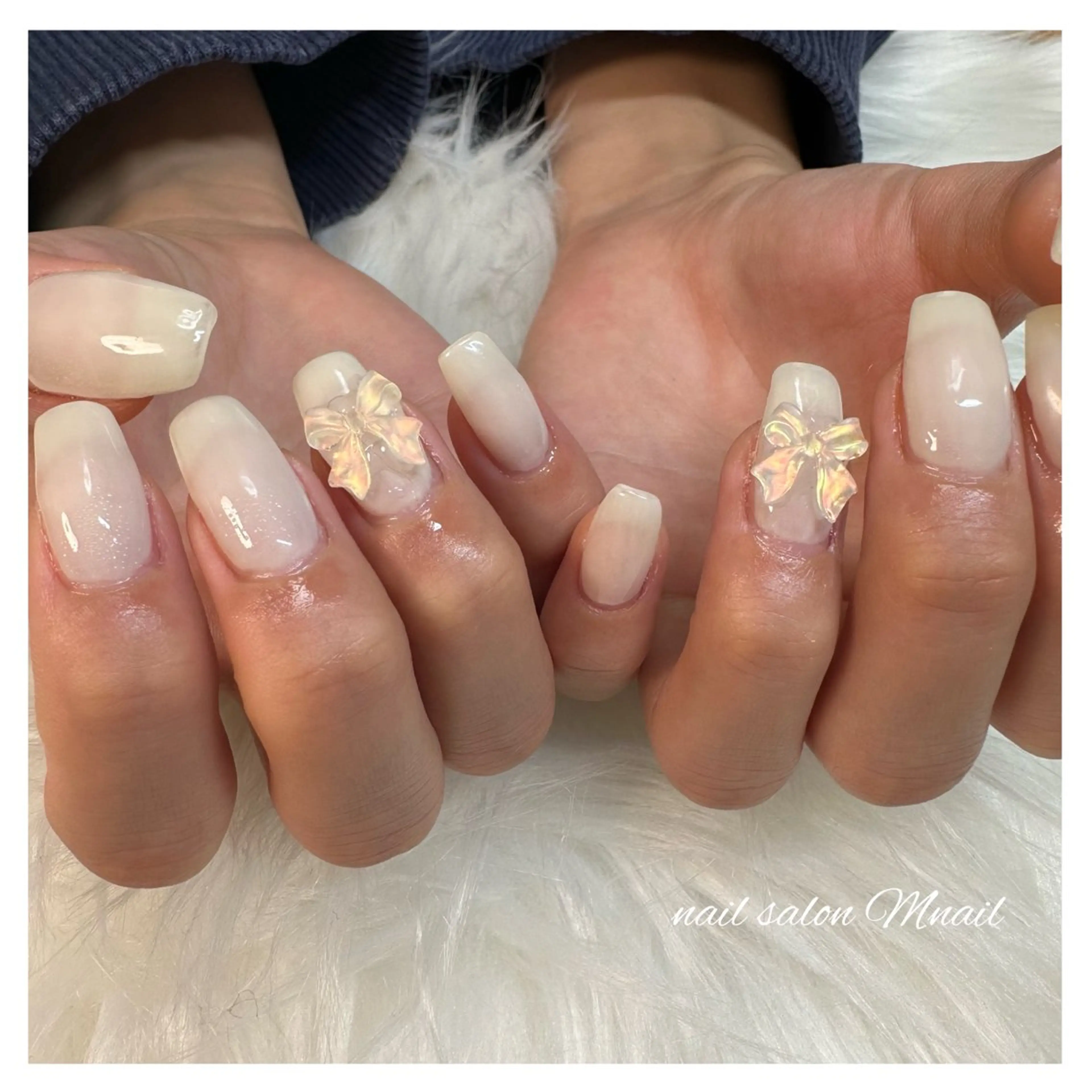 ネイル ジェルネイル ニュアンスネイル リボン ホワイト Mnail ちひろのネイルデザイン