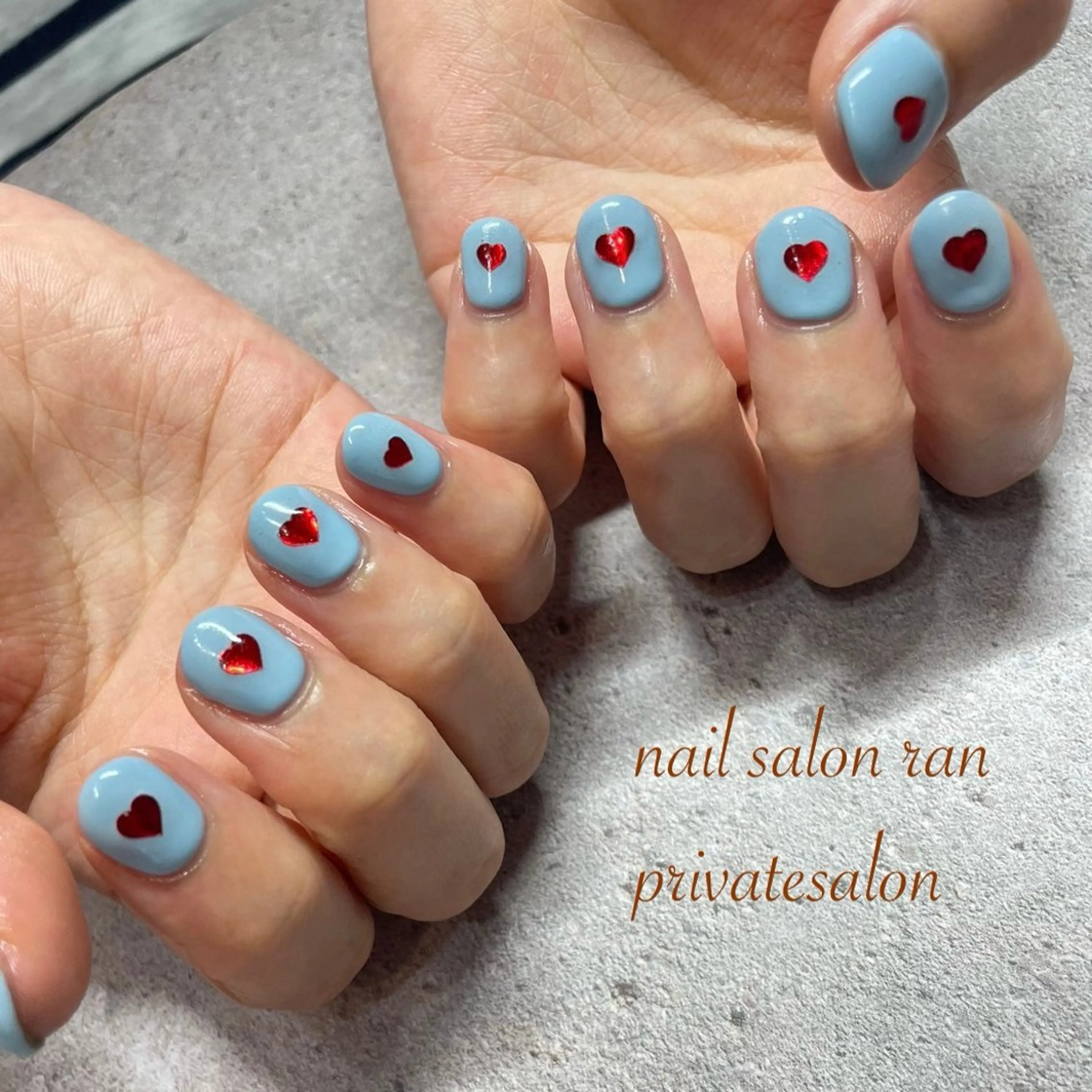 ネイル ブルー ハート 水色 大理石ネイル(マーブル) 赤色 ハンドネイル ハンドケア nailsalon ranのネイルデザイン