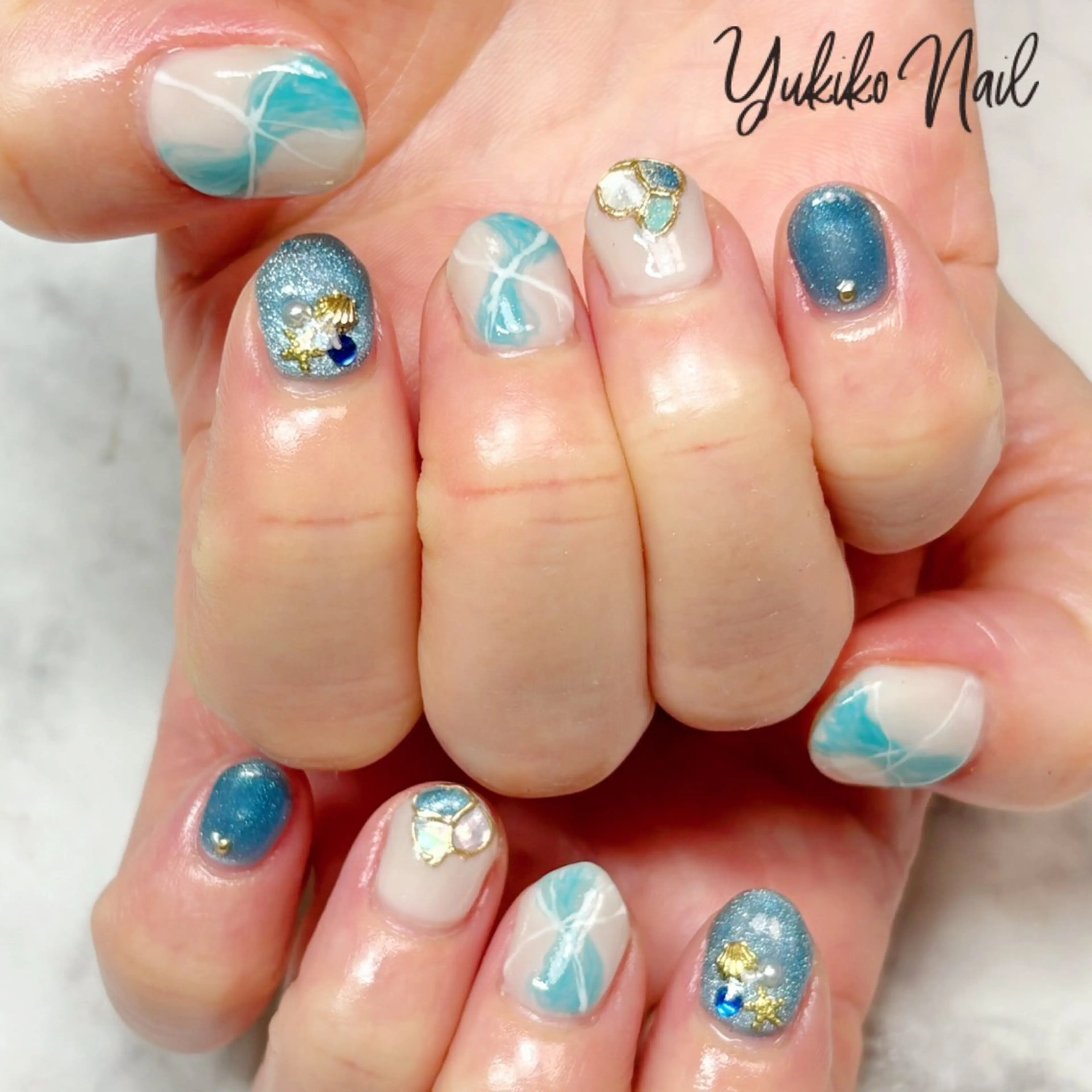 ネイル ブルー 大理石ネイル(マーブル) ニュアンスネイル 夏ネイル ハンドネイル ユキコ ネイルのネイルデザイン