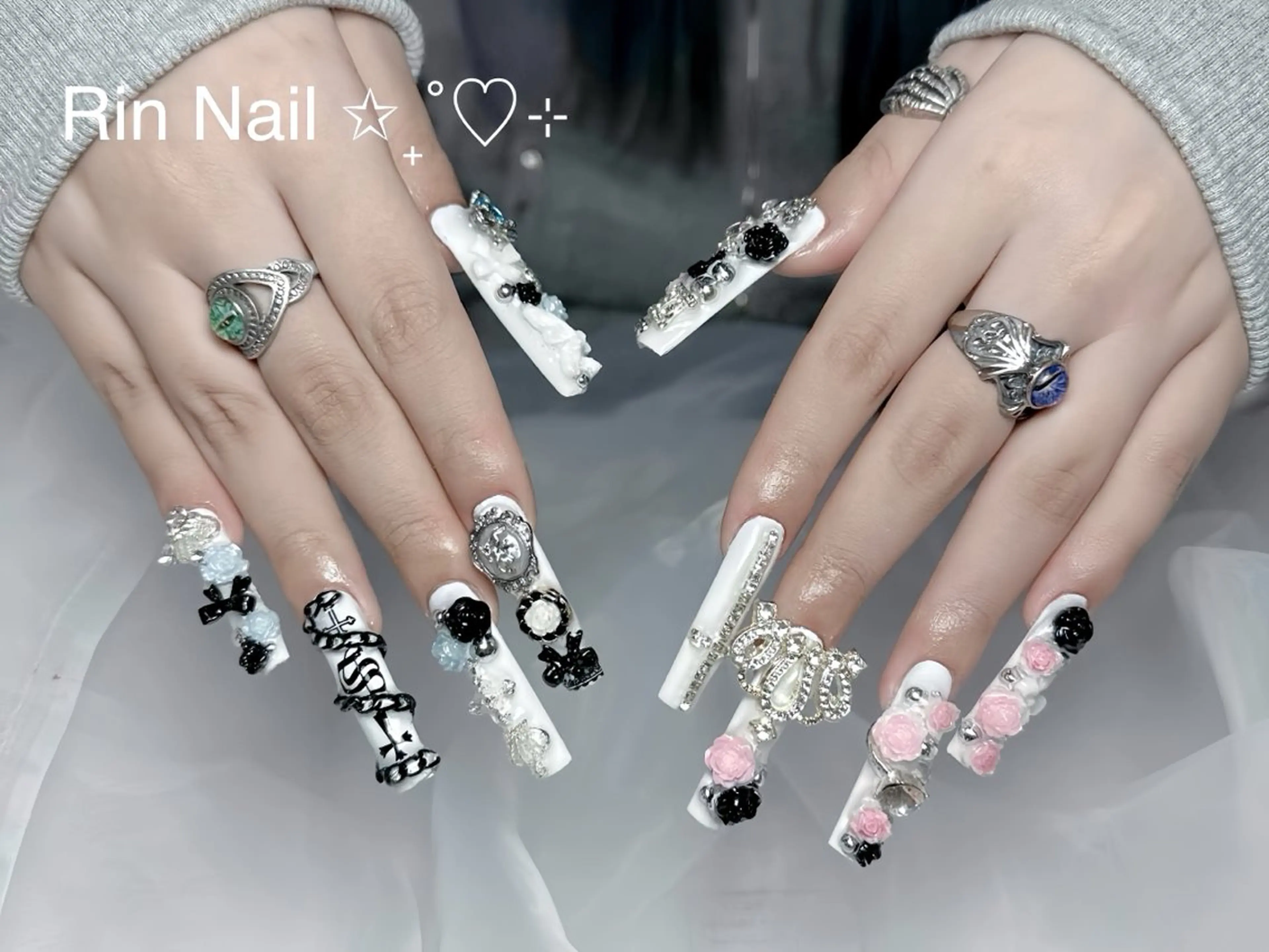 ネイル アートネイル 成人式 ロングネイル ニュアンスネイル スカルプネイル ハンドネイル Rin Nail 新大久保店のネイルデザイン