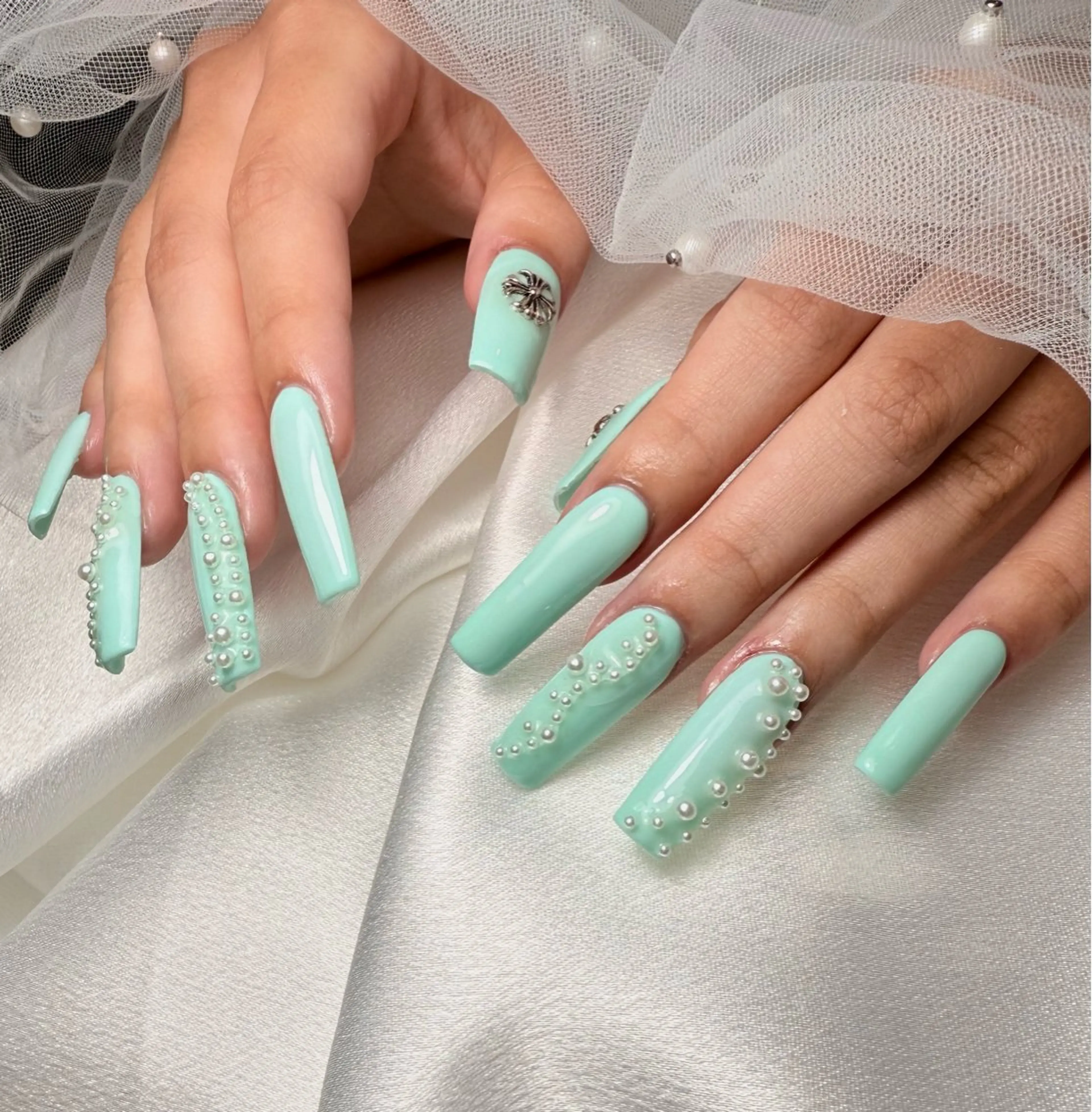 ネイル ブルー 長さ出し 韓国ネイル ロングネイル ハンドネイル 🌹Belle Nail🌹のネイルデザイン