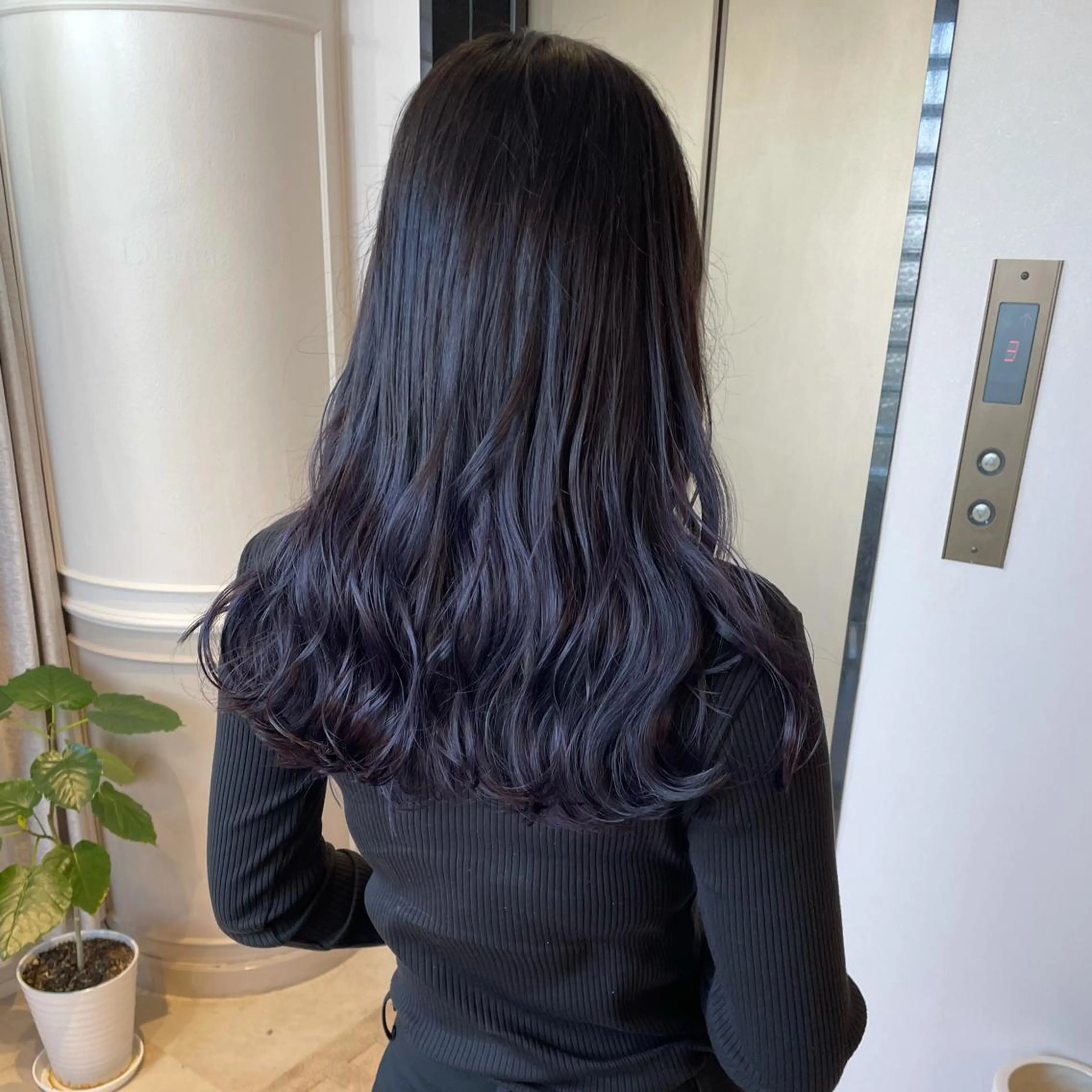 ロング カラー ヘアアレンジ 黒髪 パープルカラー パープルブラック 韓国ヘア🖤 YURINAのヘアスタイル