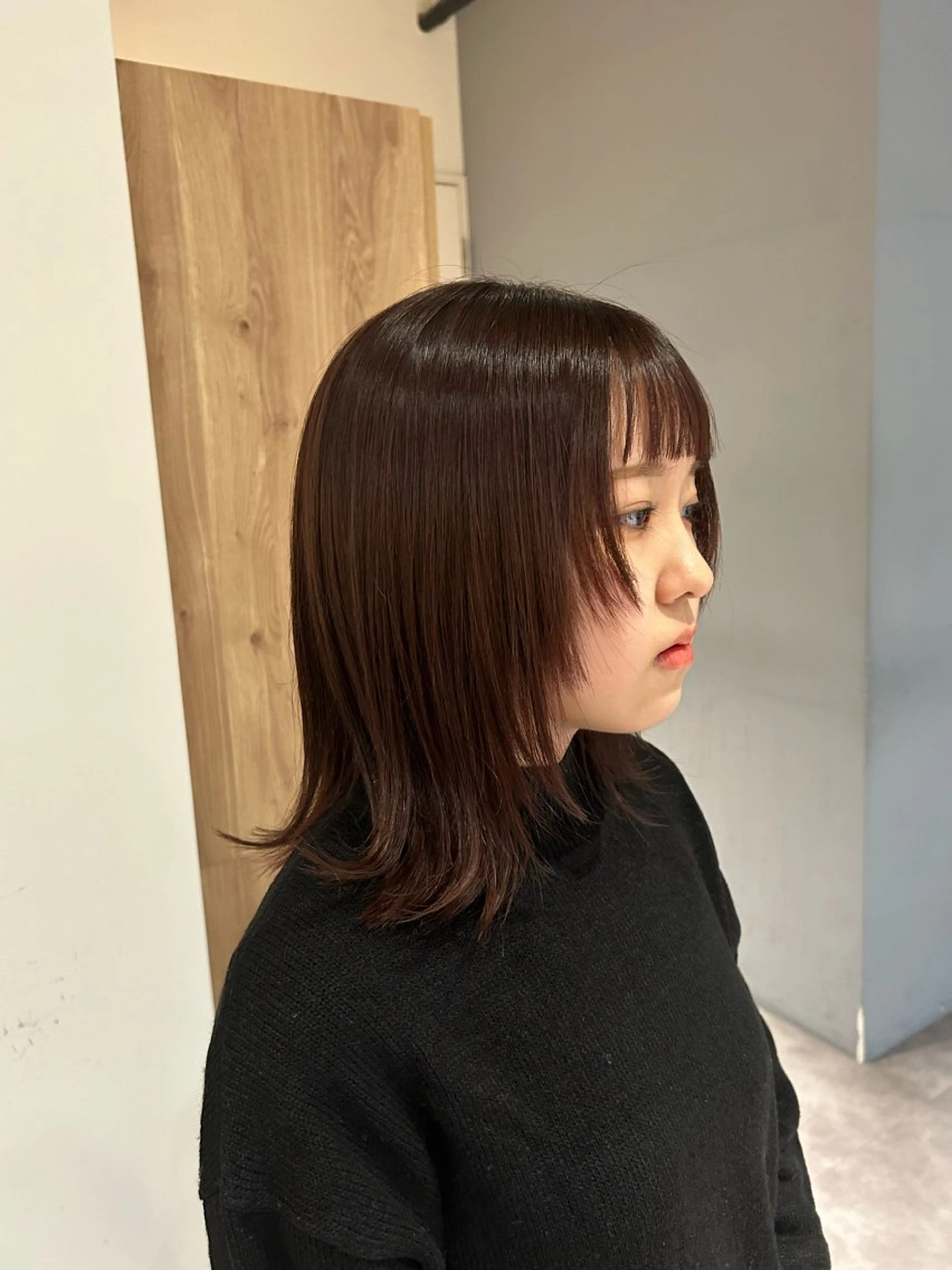 ミディアム カラー ブラウンカラー 顔周りカット レイヤーカット カット ヘアカラー 葉月/ボブ/ 透明感カラー／中目黒のヘアスタイル