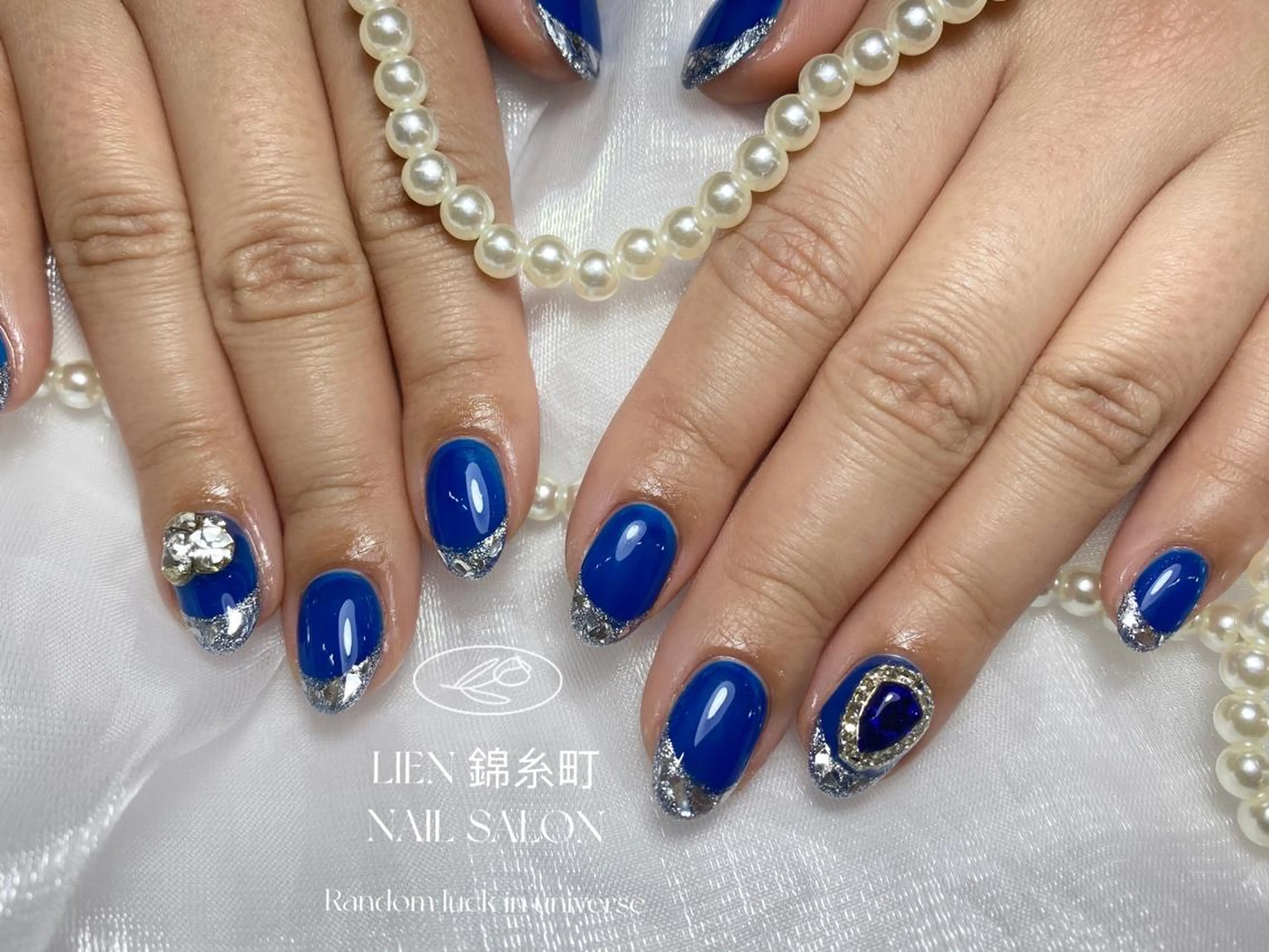 ネイル ブルー フレンチネイル ガラスフレンチ ハンドネイル Lien  _リエン リエンのネイルデザイン