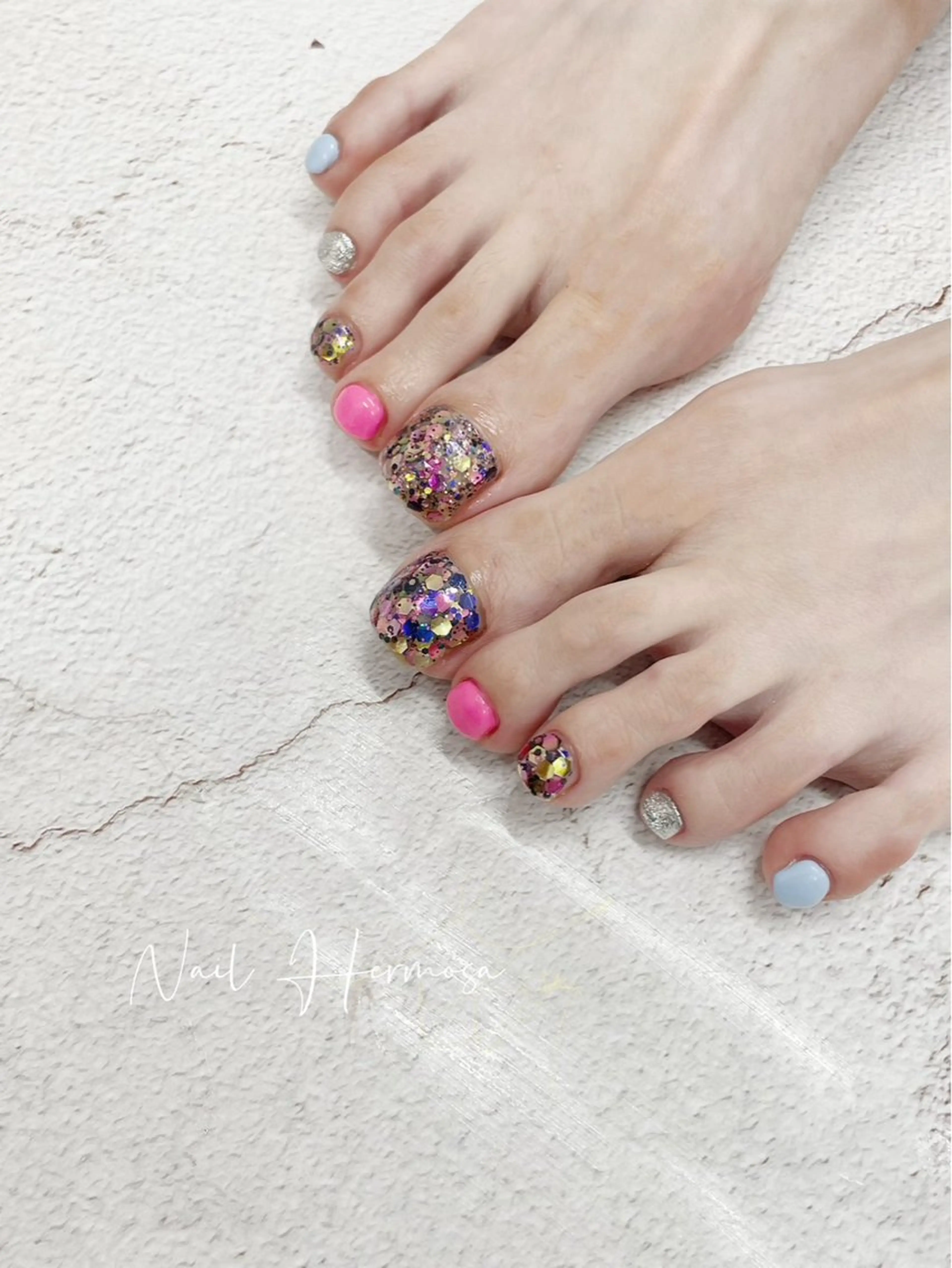 ネイル 長さ出し フラッシュネイル フットネイル ジェルネイル マグネットネイル フットネイル エルモサ YURIKAのネイルデザイン