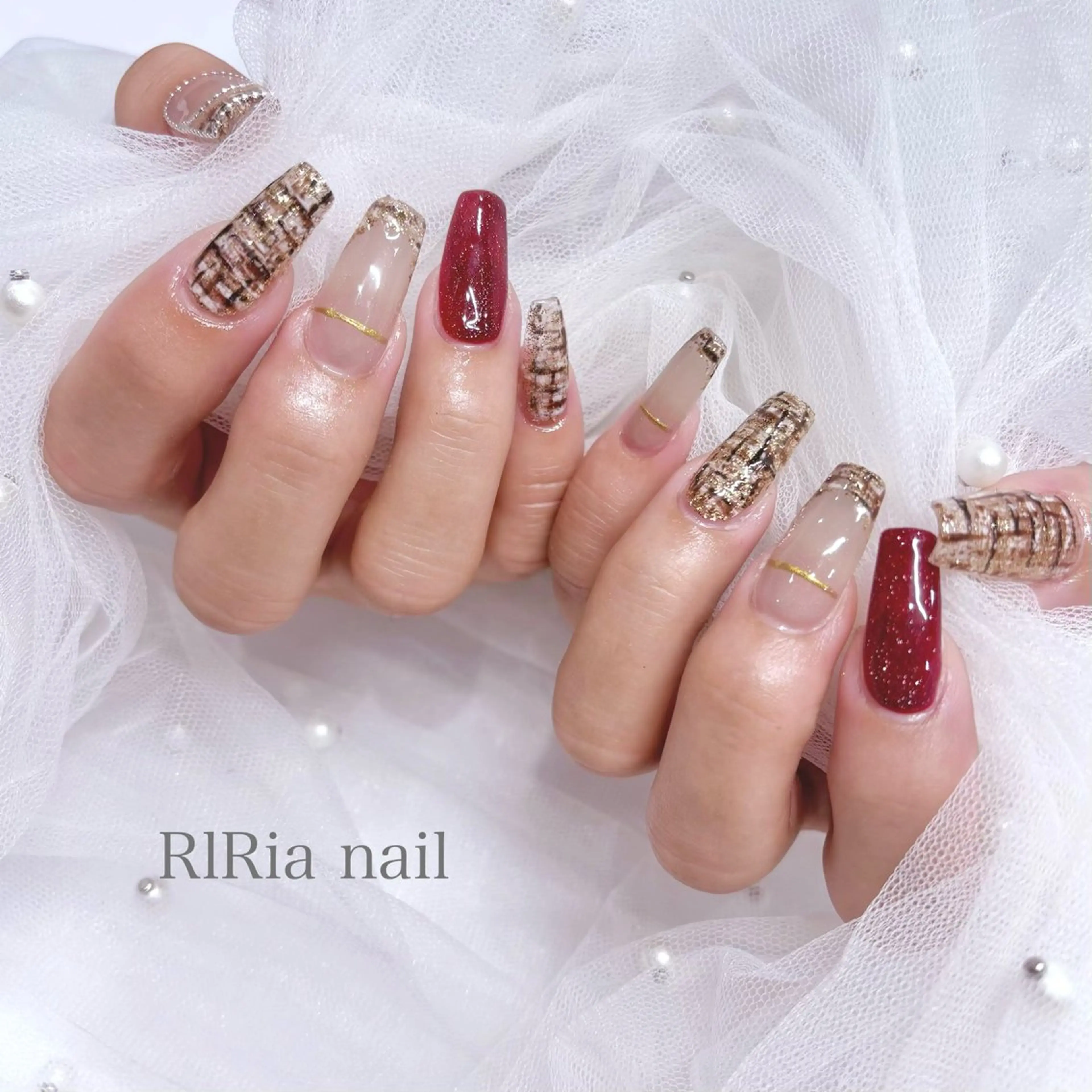 ネイル ボルドー ツイードネイル ハンドネイル 🎀『RlRia』（GO TODAY シェアサロン 横浜Solace店内）🎀所属・RlRia .のネイルデザイン