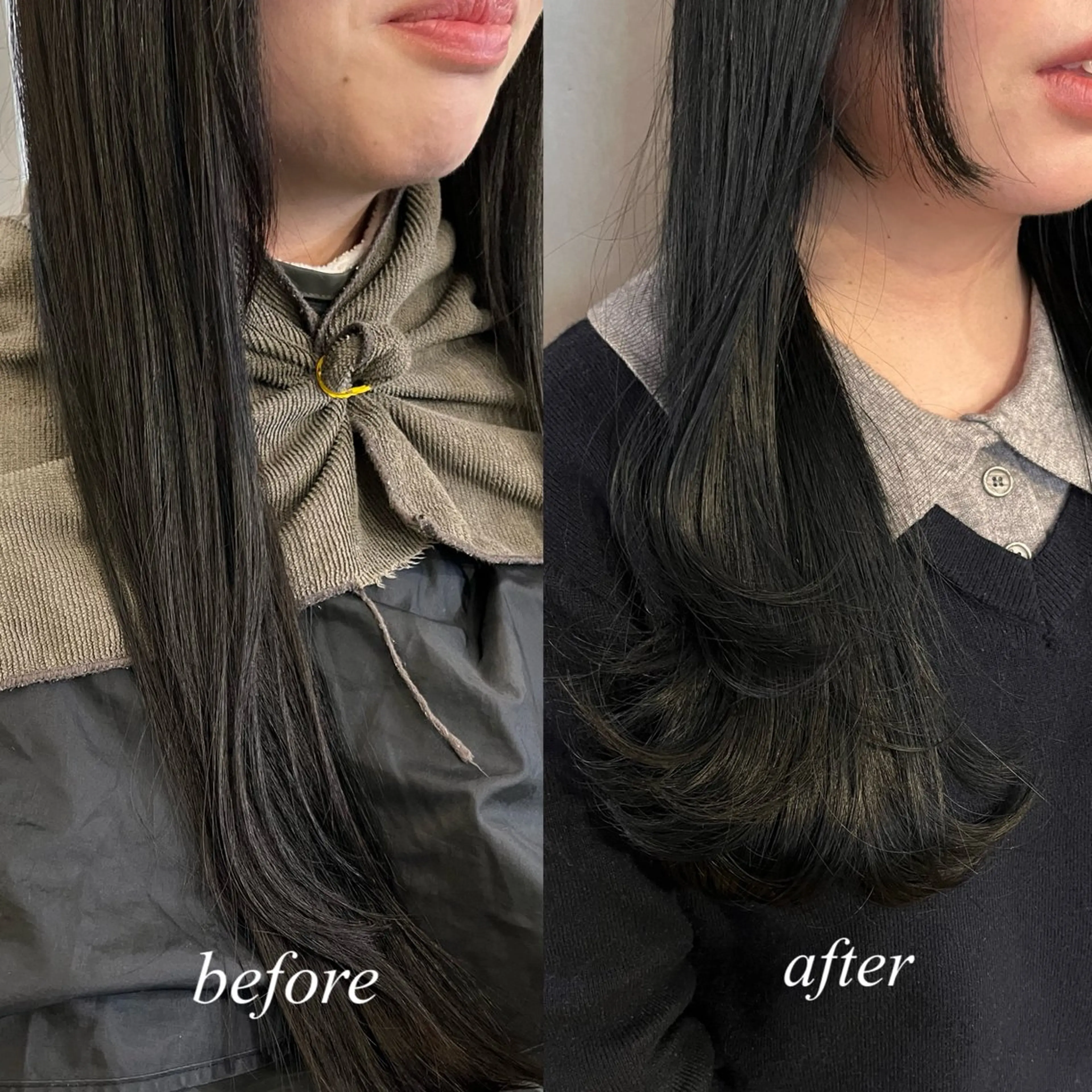 ロング カラー くびれヘア 顔まわりレイヤー 顔周りカット レイヤーカット カット ヘアカラー 薬院:今泉/上川美幸 小顔ボブ/暗髪カラーのヘアスタイル