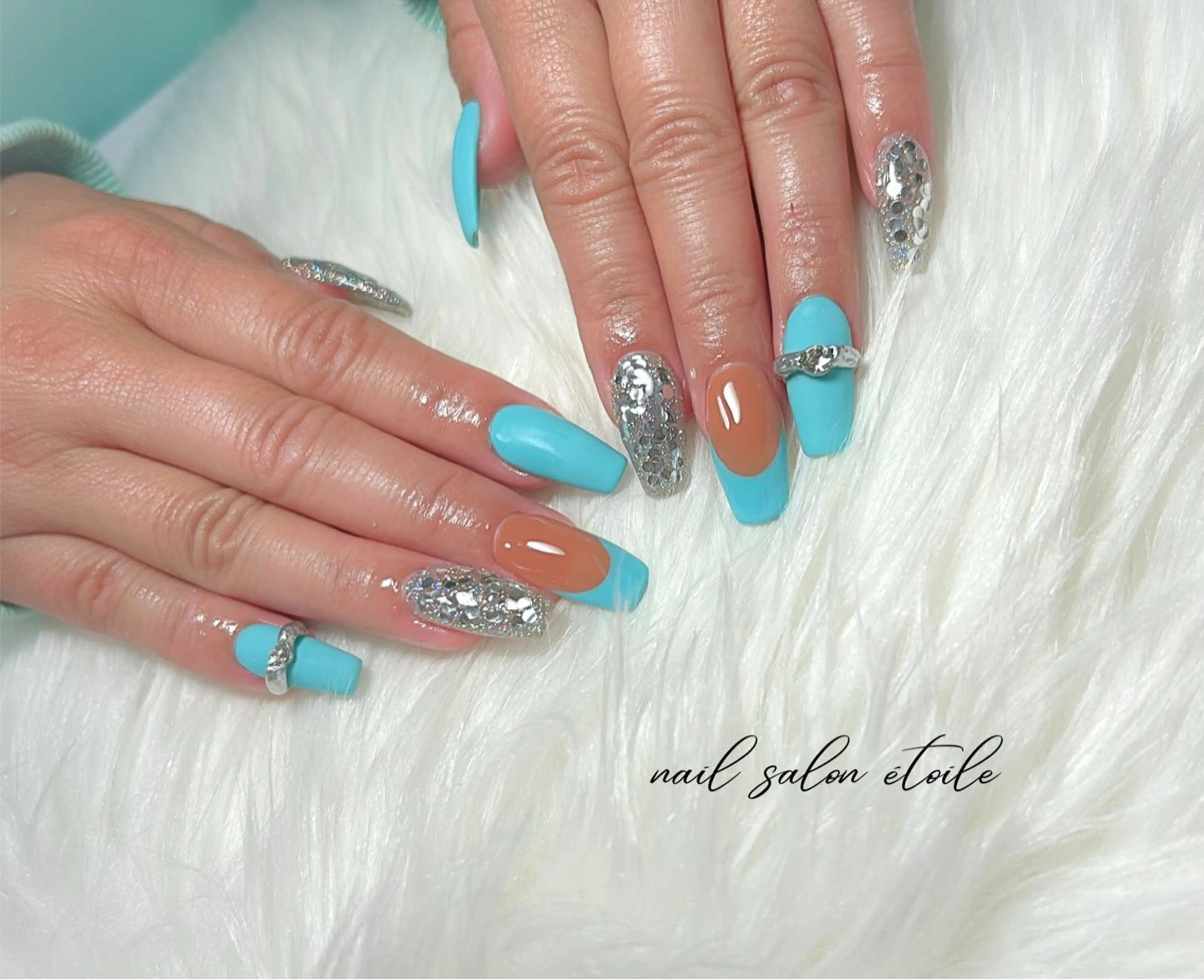 ネイル ブルー ブラウン 長さ出し フレンチネイル ロングネイル ハンドネイル nail salon étoileのネイルデザイン