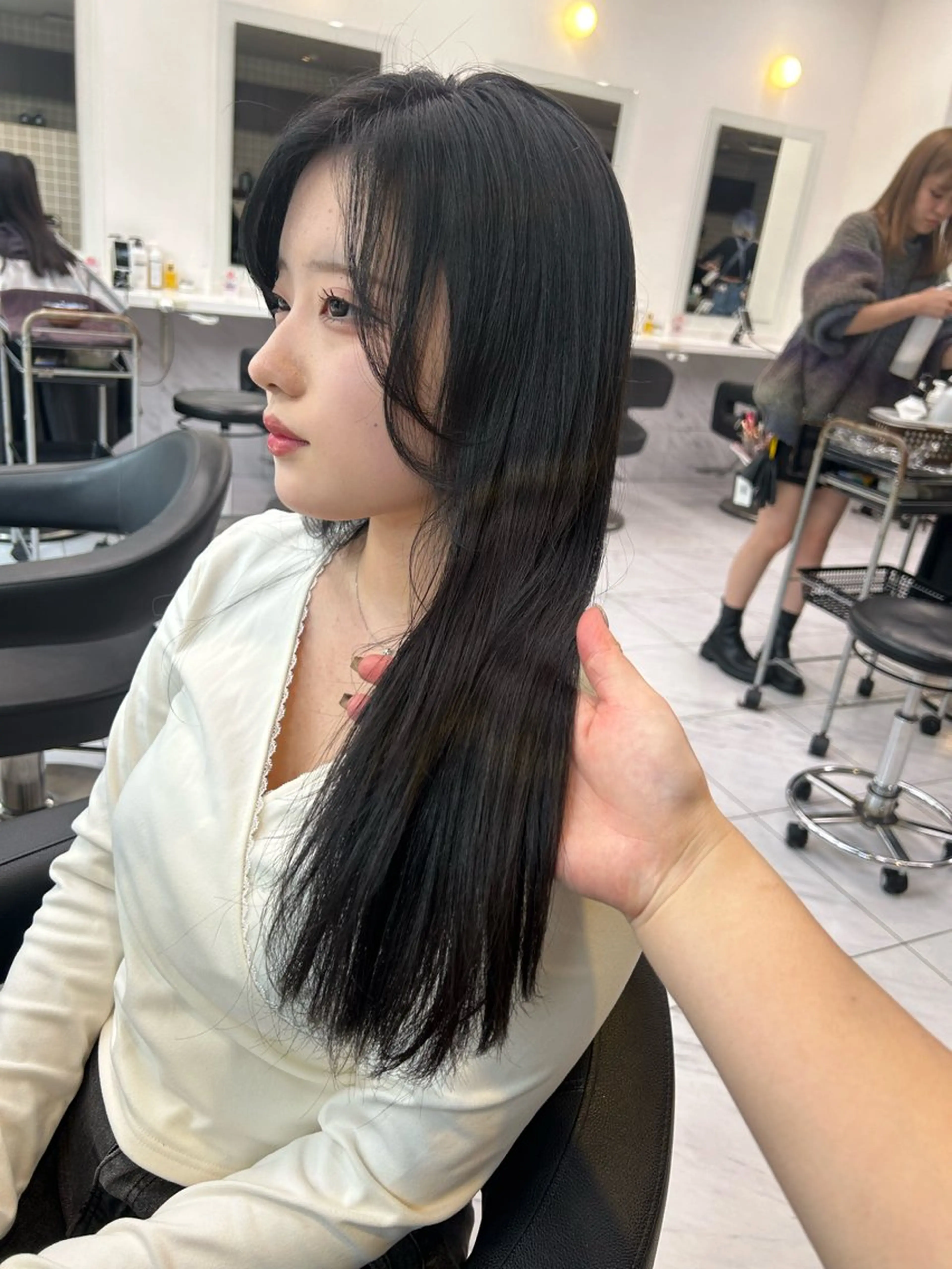カラー 黒髪 ブリーチ ブルーカラー ブルーブラック ダブルカラー 透明感ベージュ🤎 ナチュラルレイヤーのヘアスタイル