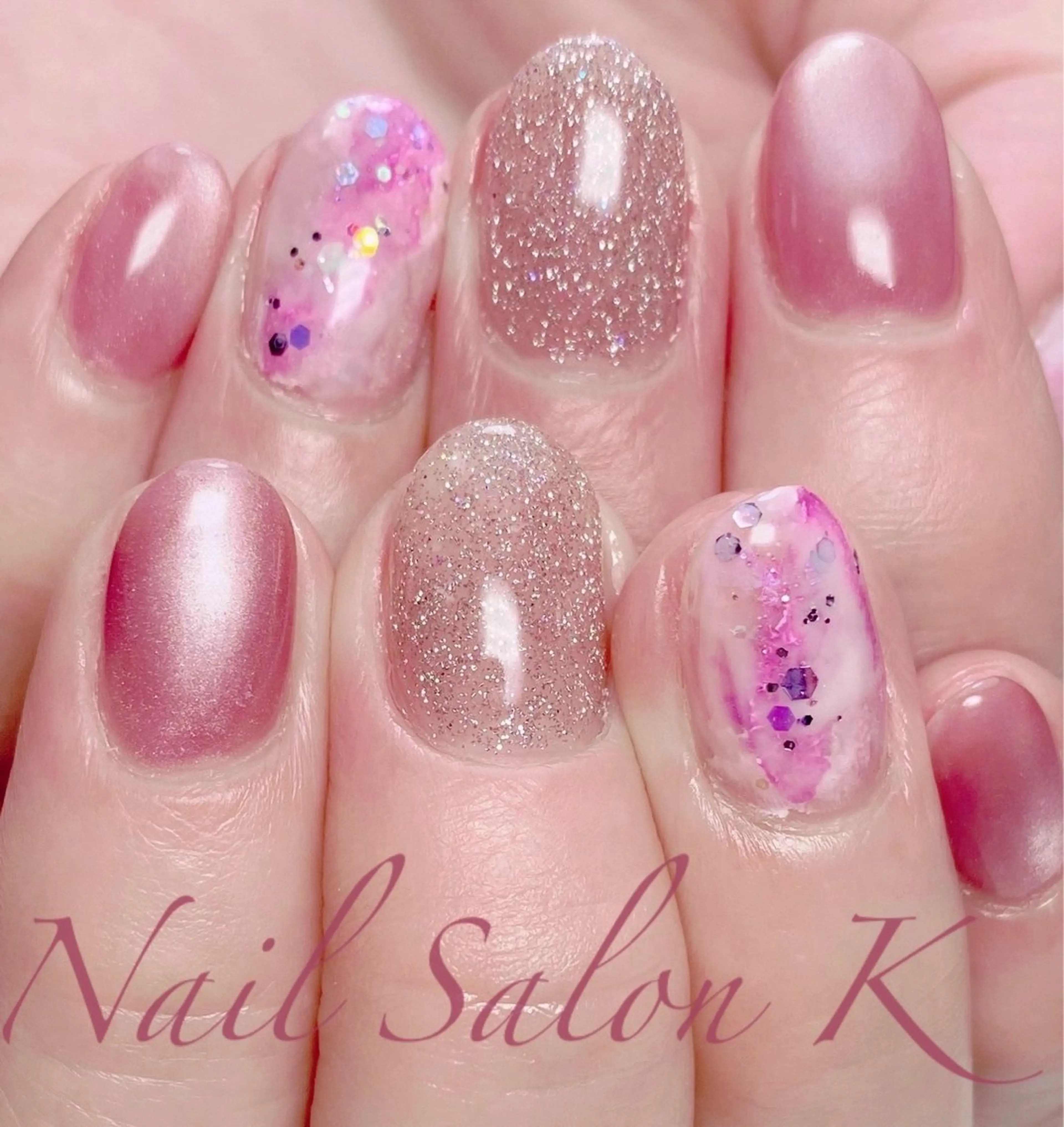 ネイル フラッシュネイル マグネットネイル ニュアンスネイル ピンク ハンドネイル Nail Salon K 🧸美爪育成のネイルデザイン