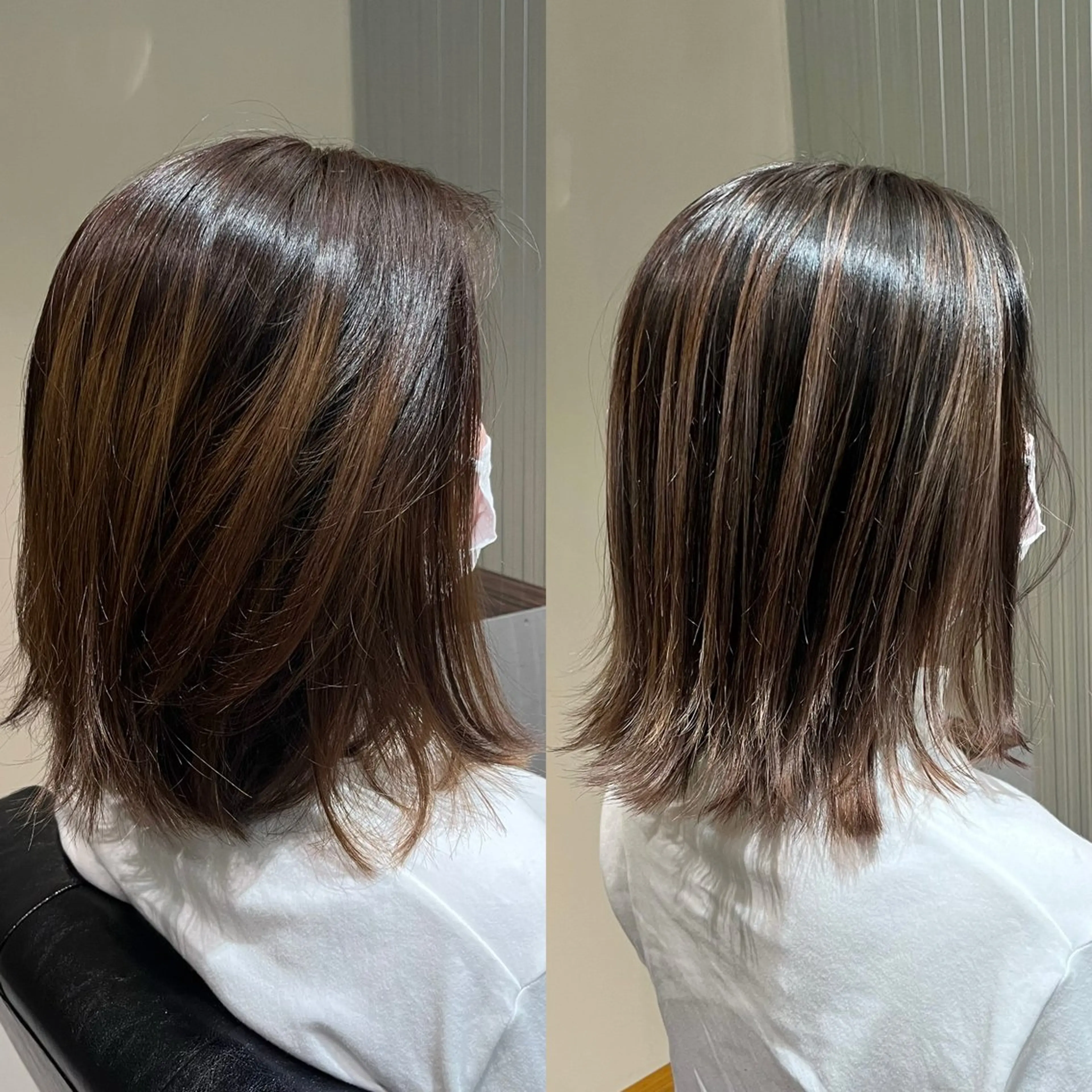 ミディアム カラー バレイヤージュ ブリーチ グレージュ レイヤーカット KIZU 髪質改善 オカルト怪談のヘアスタイル