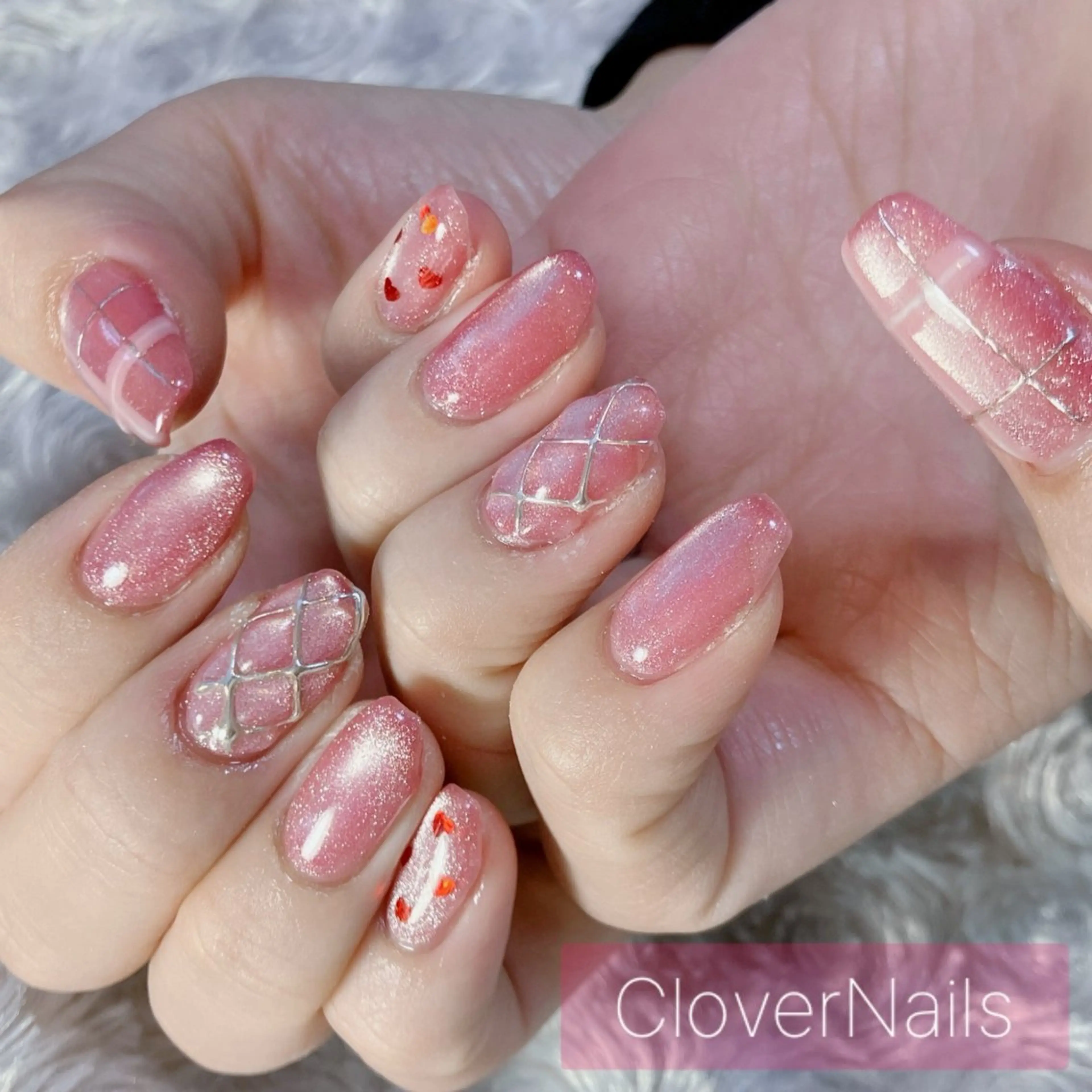 ネイル ハート マグネットネイル 持ち込み ピンク ハンドネイル 自宅ネイルサロン クロバーネイルのネイルデザイン