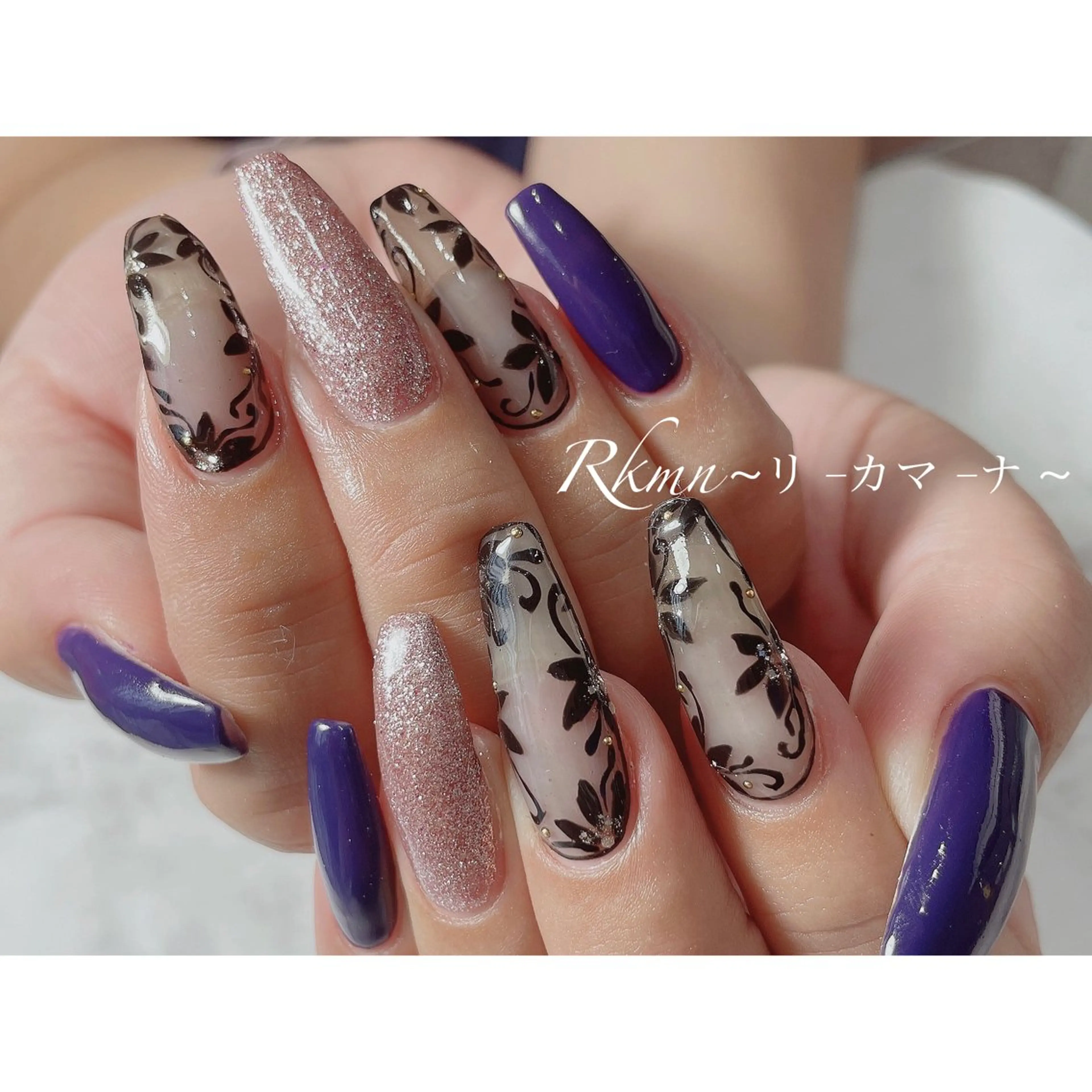 ネイル アートネイル フラワーネイル パープル 春ネイル ハンドネイル フットネイル ハンドケア Rkmn ~リ-カマ-ナ~のネイルデザイン