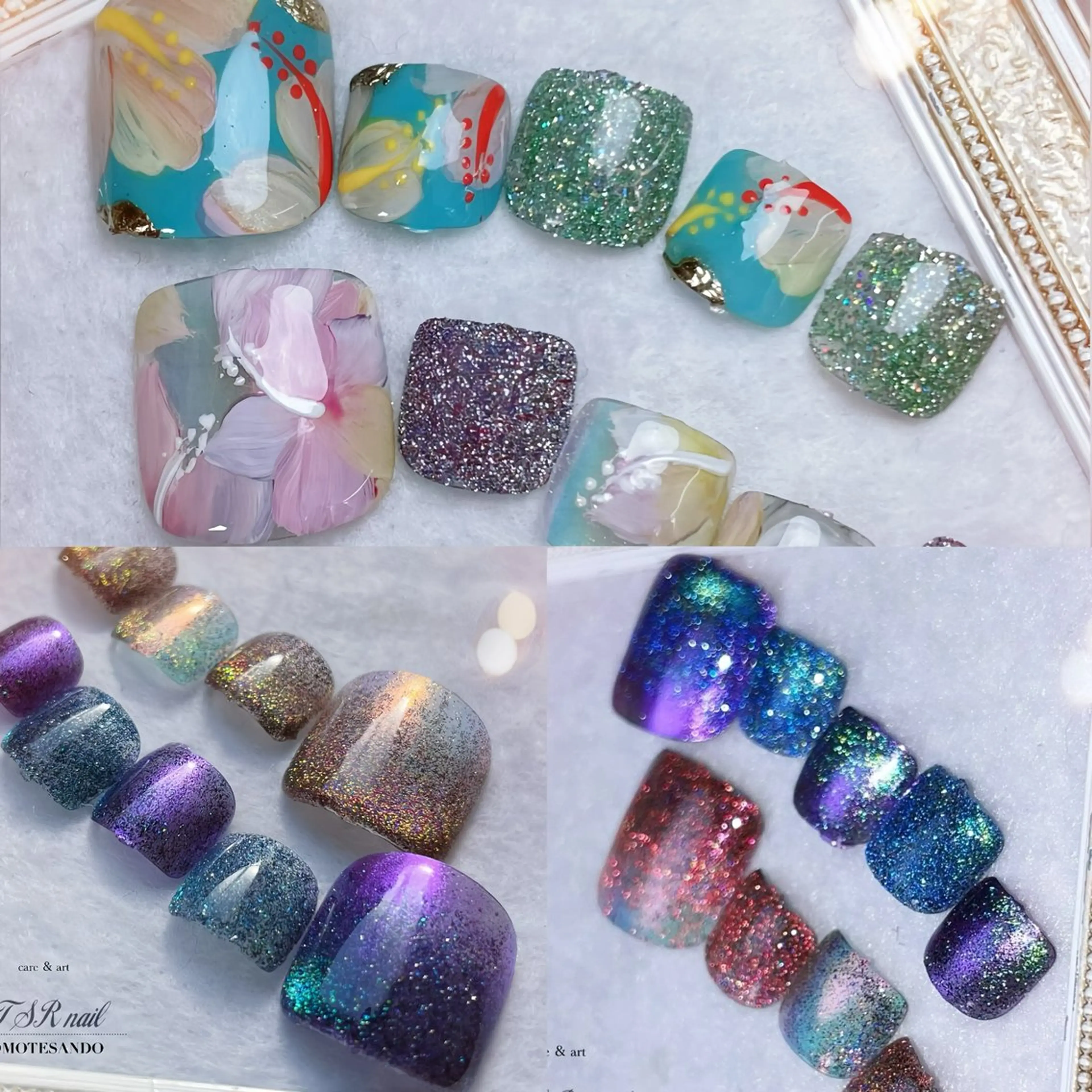 ネイル オーロラネイル フラッシュネイル フットネイル グリーン ラメ(グリッター) 爪咲 りり花のネイルデザイン