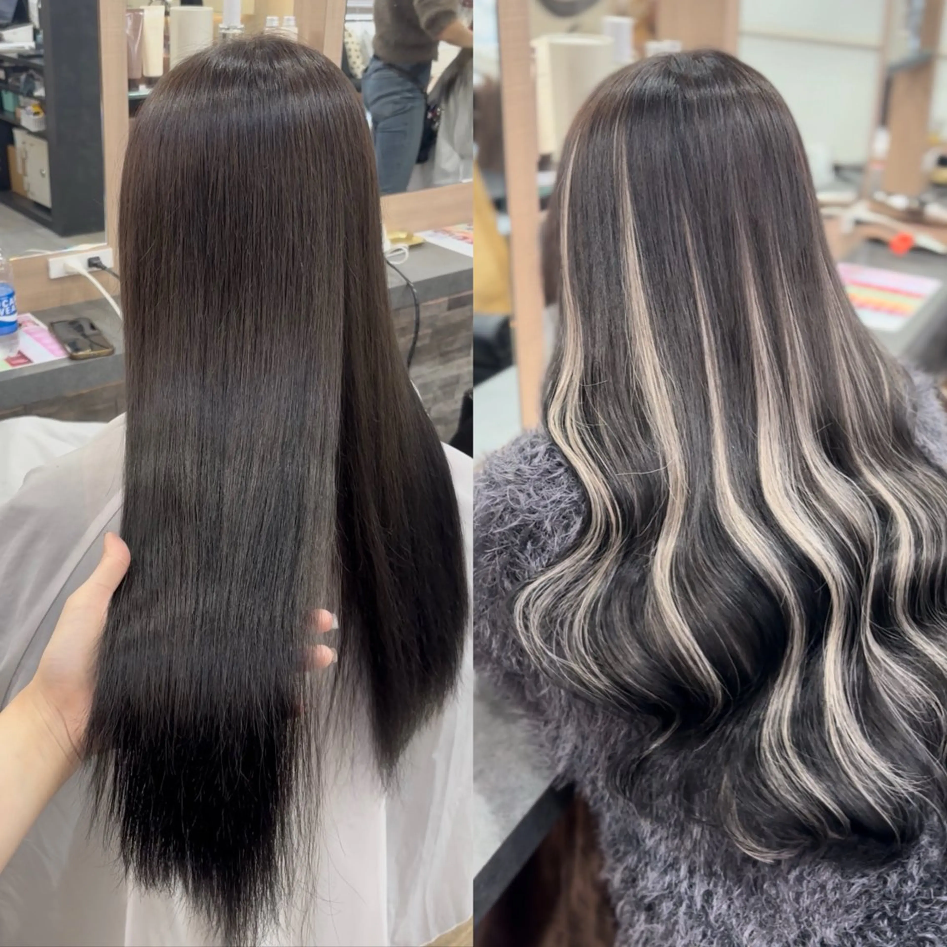 ロング カラー アッシュ アッシュブラック 黒髪 ブリーチ ハイライトカラー 横浜/エクステ特化× 艶カラー/あいかのヘアスタイル