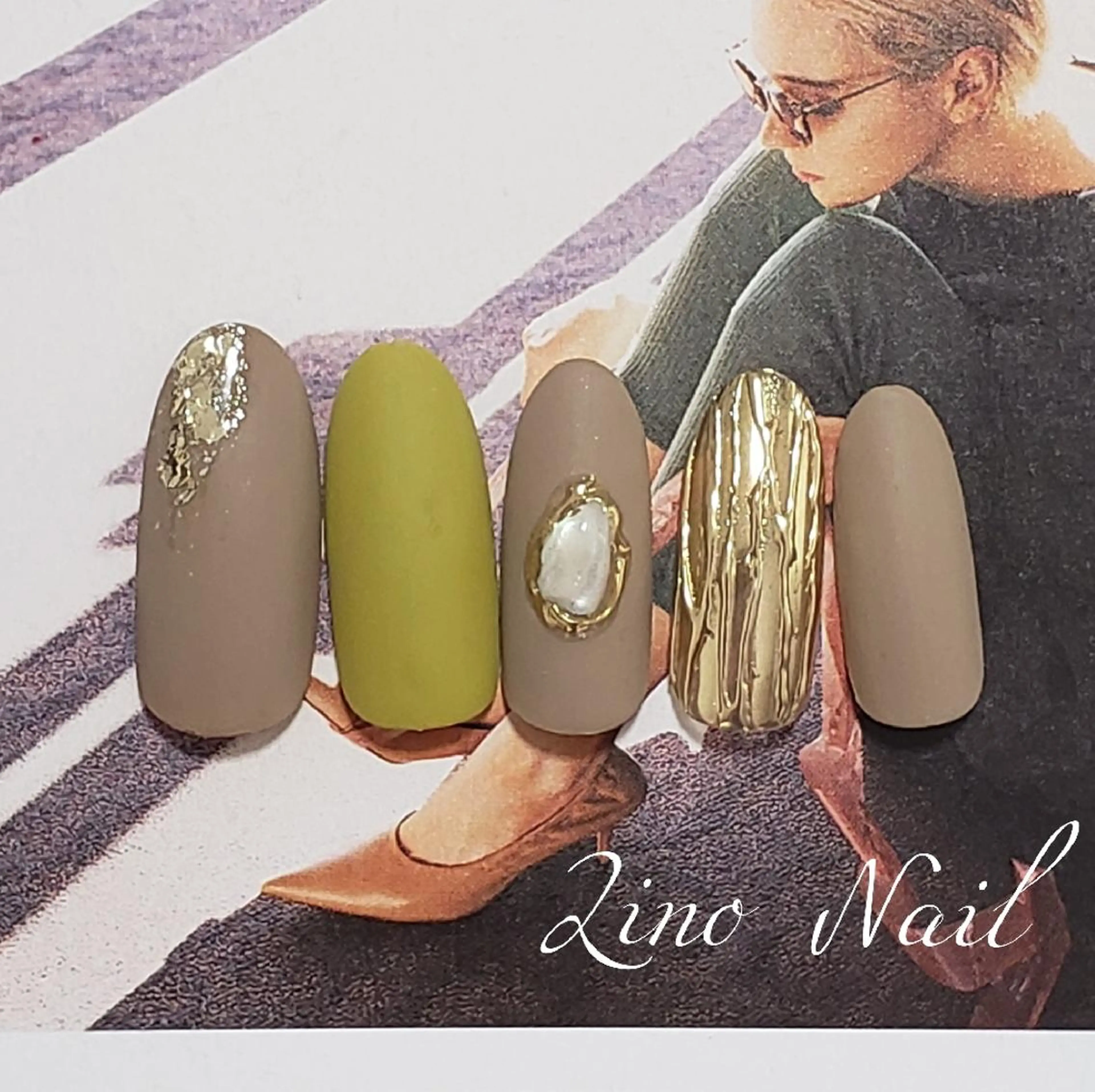 ネイル カジュアル ジェルネイル ゴールド グリーン キラキラネイル ハンドネイル Lino Nailのネイルデザイン