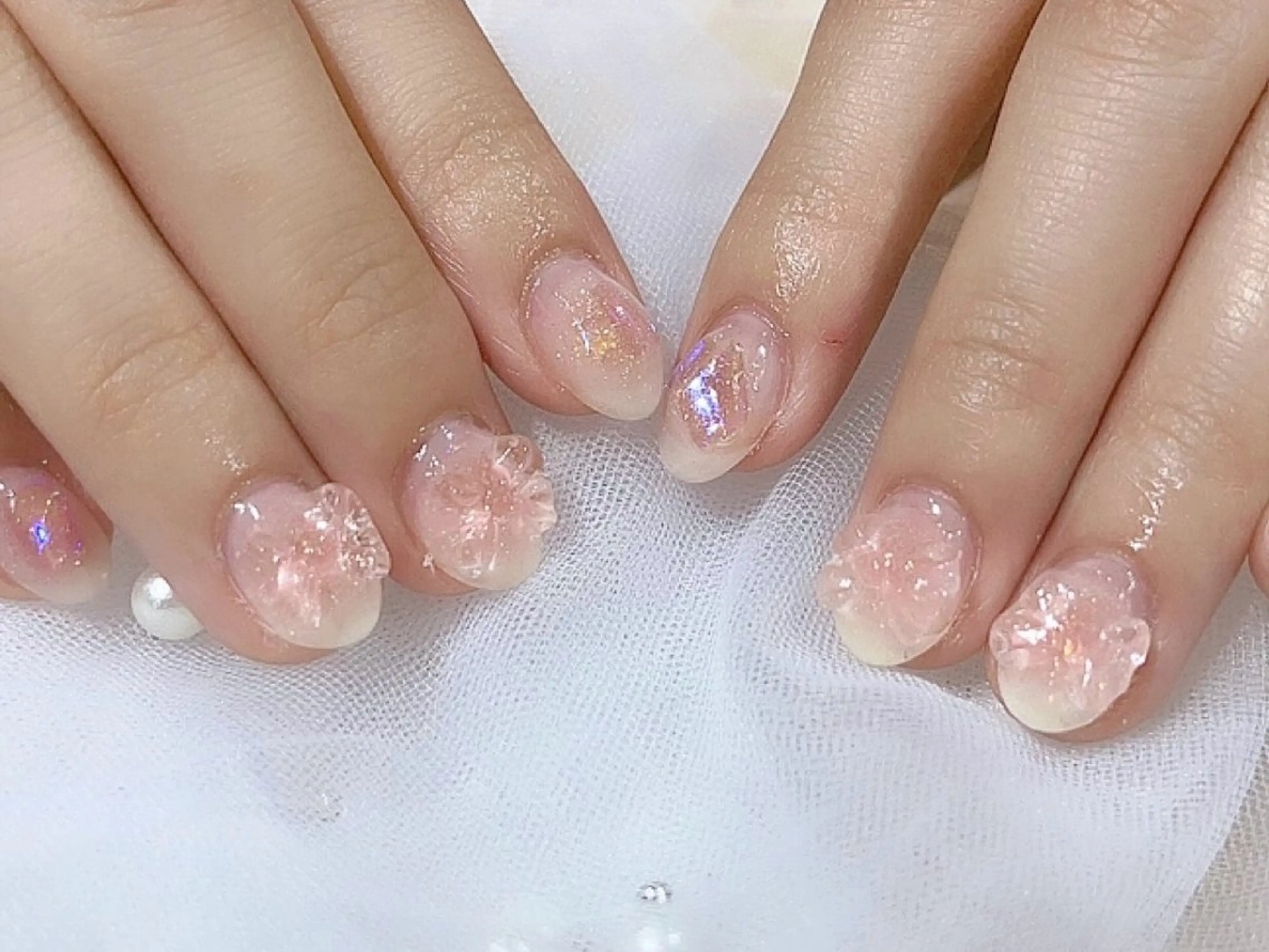 ネイル オーロラネイル クリアネイル リボン ストーンネイル ハンドネイル フットネイル NAILR rina 🎀ིྀ恵比寿のネイルデザイン