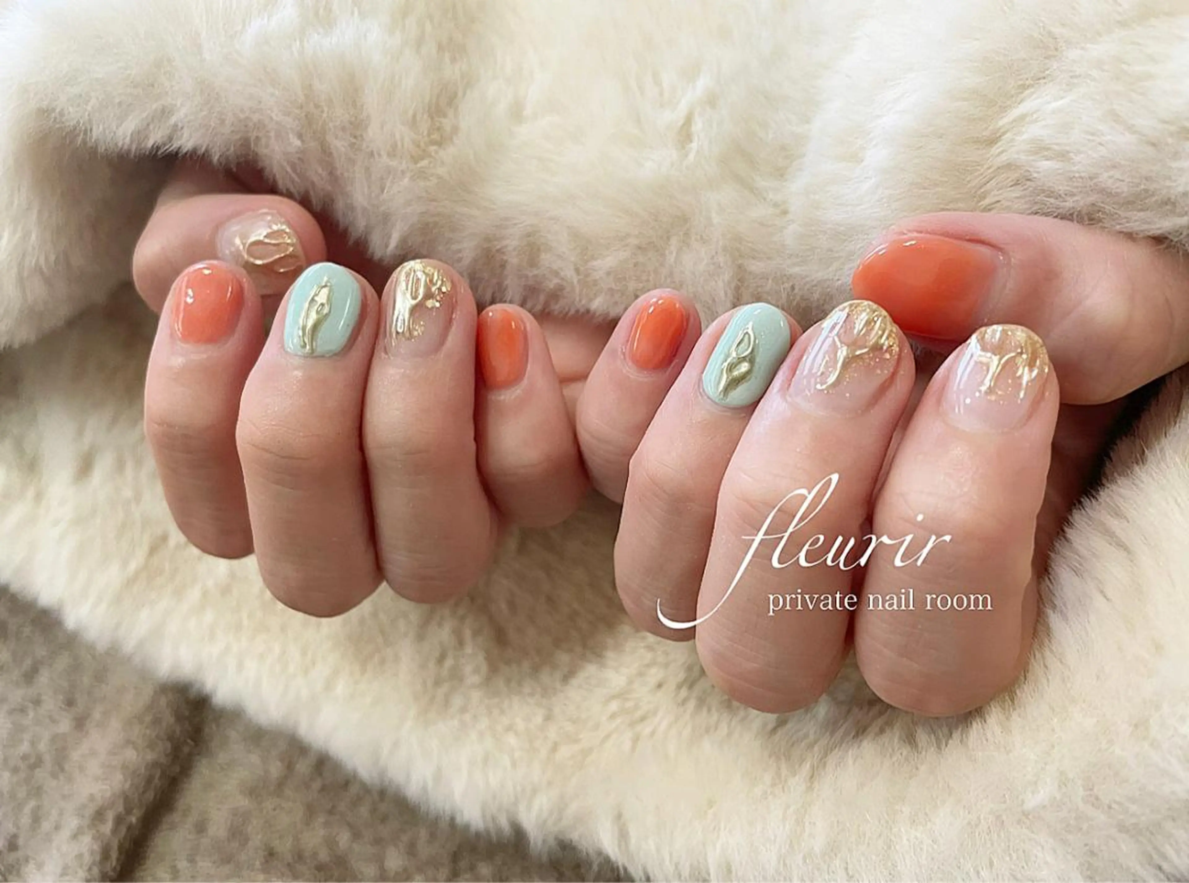 ネイル アートネイル ゴールド ミラーネイル オレンジ フルリール 【プライベートサロンのネイルデザイン