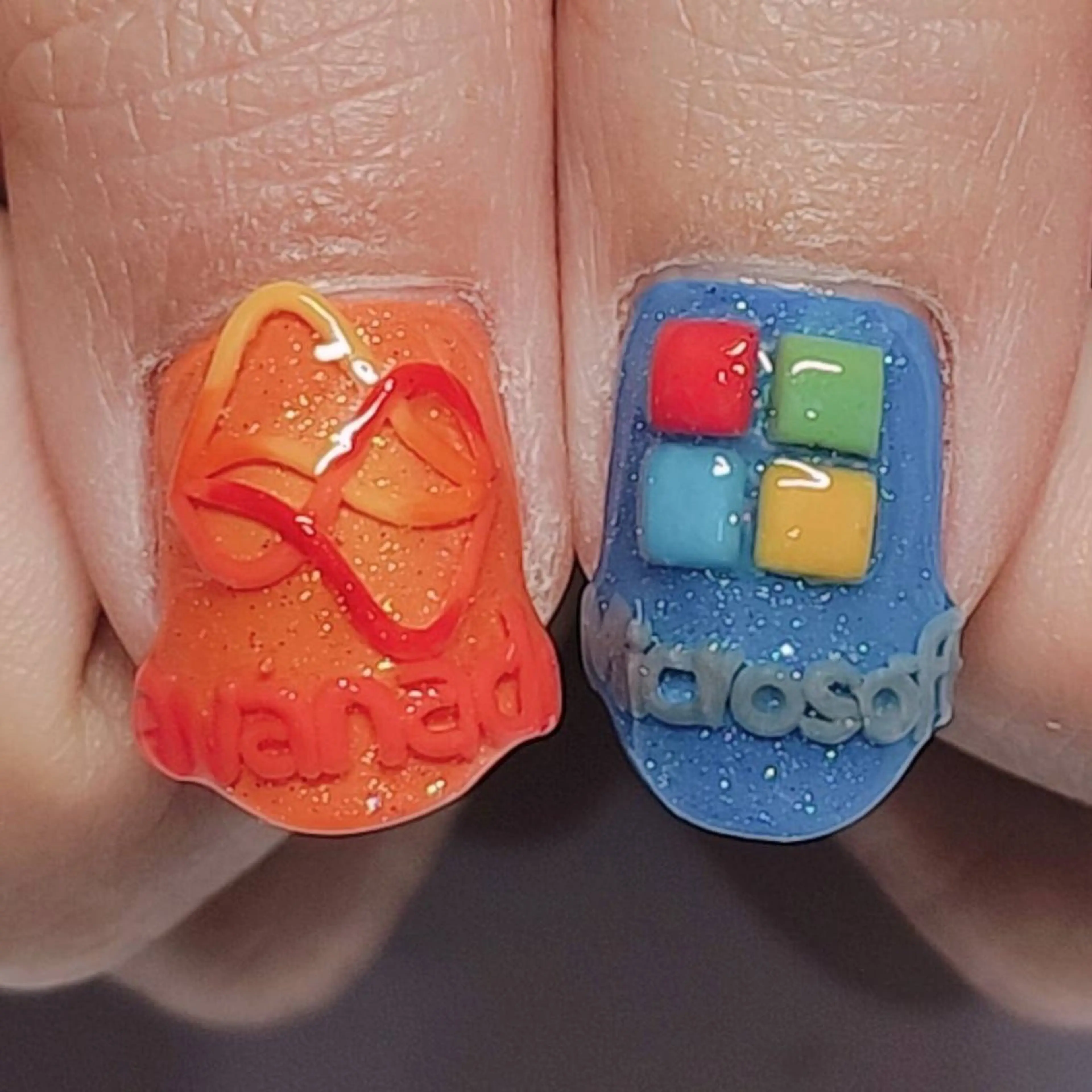 ネイル アートネイル ブルー クリアネイル ラメ(グリッター) オレンジ ハンドネイル よしだ ひろきのネイルデザイン