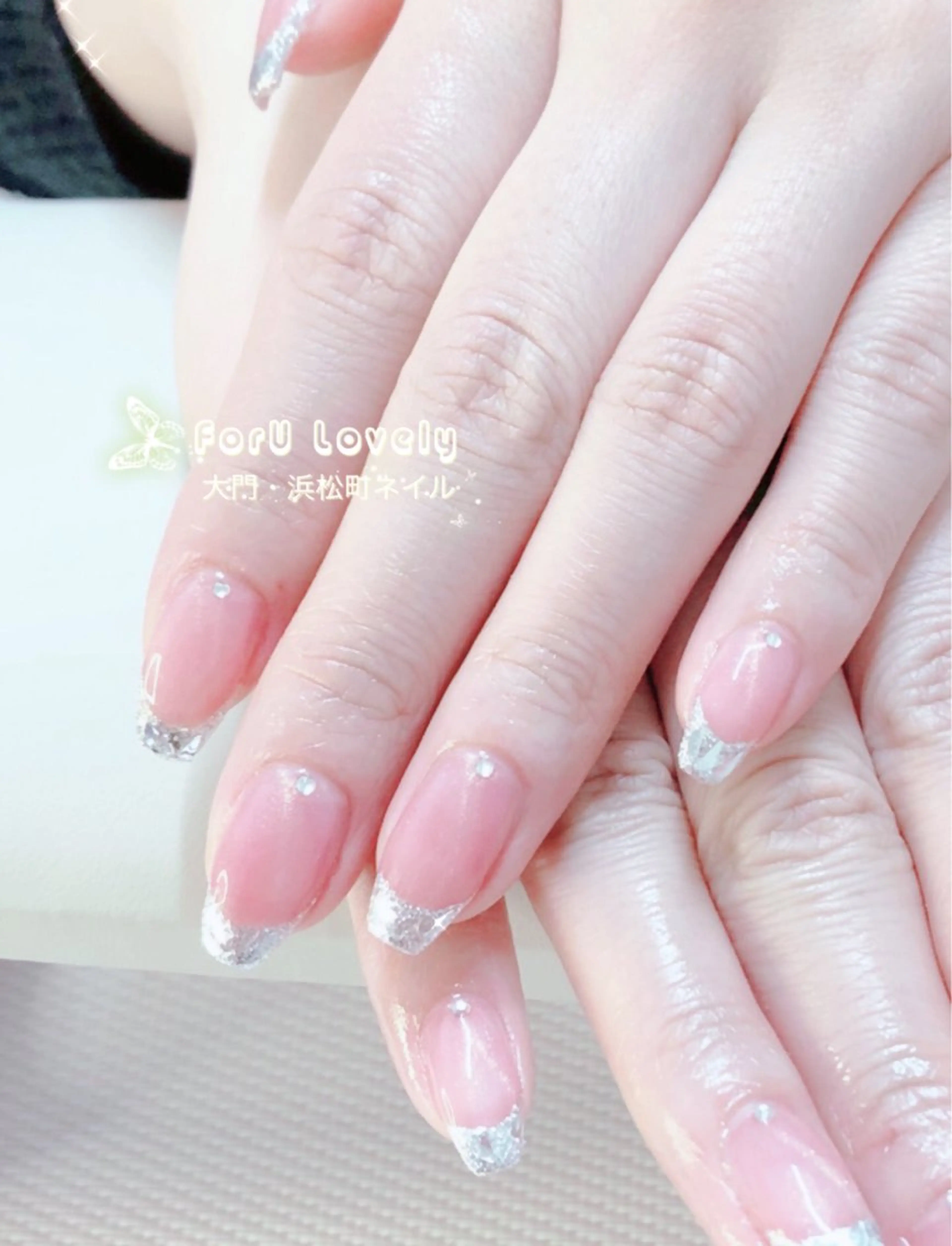 ネイル フレンチネイル ガラスフレンチ キラキラネイル ピンク スカルプネイル ハンドネイル ハンドケア 大門浜松町 ネイルのネイルデザイン
