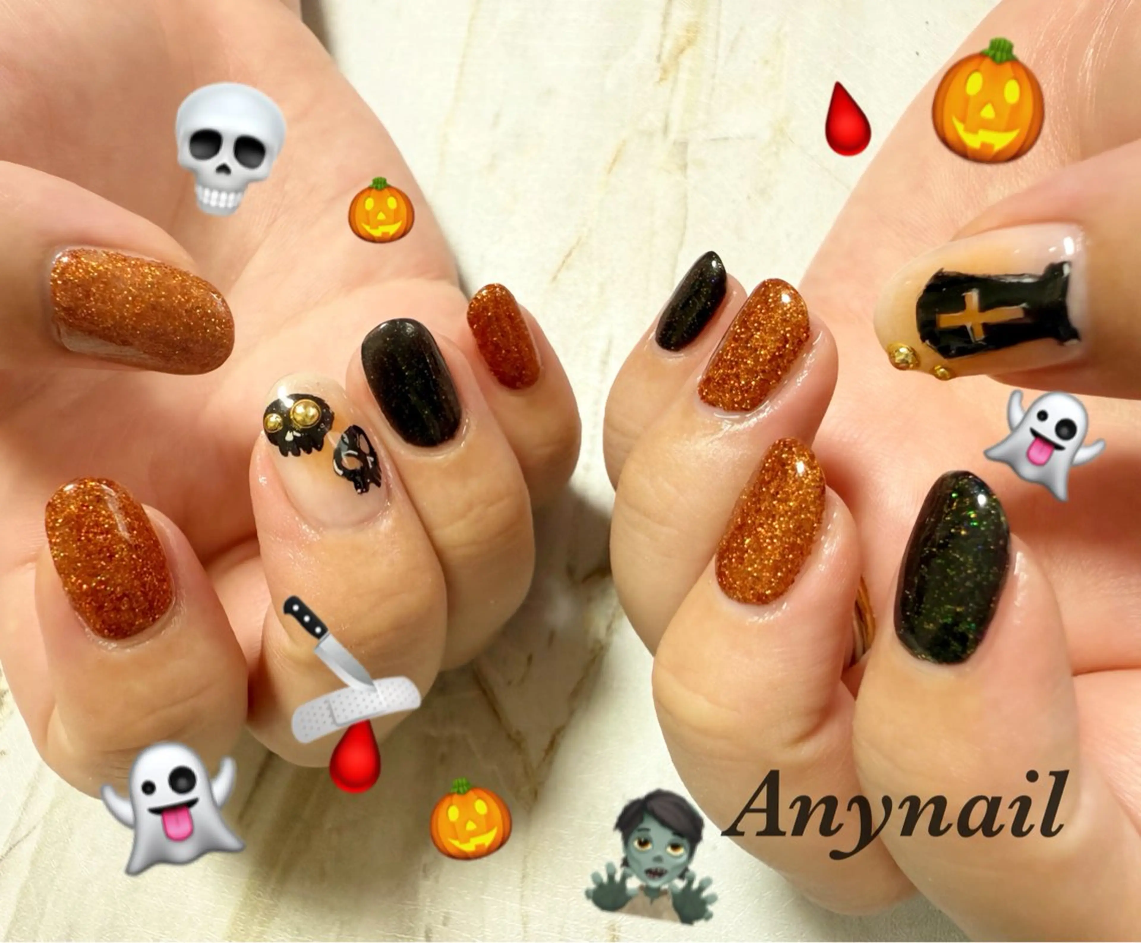 ネイル ブルー ハロウィン ラメ(グリッター) オレンジ 岩澤 恵子のネイルデザイン