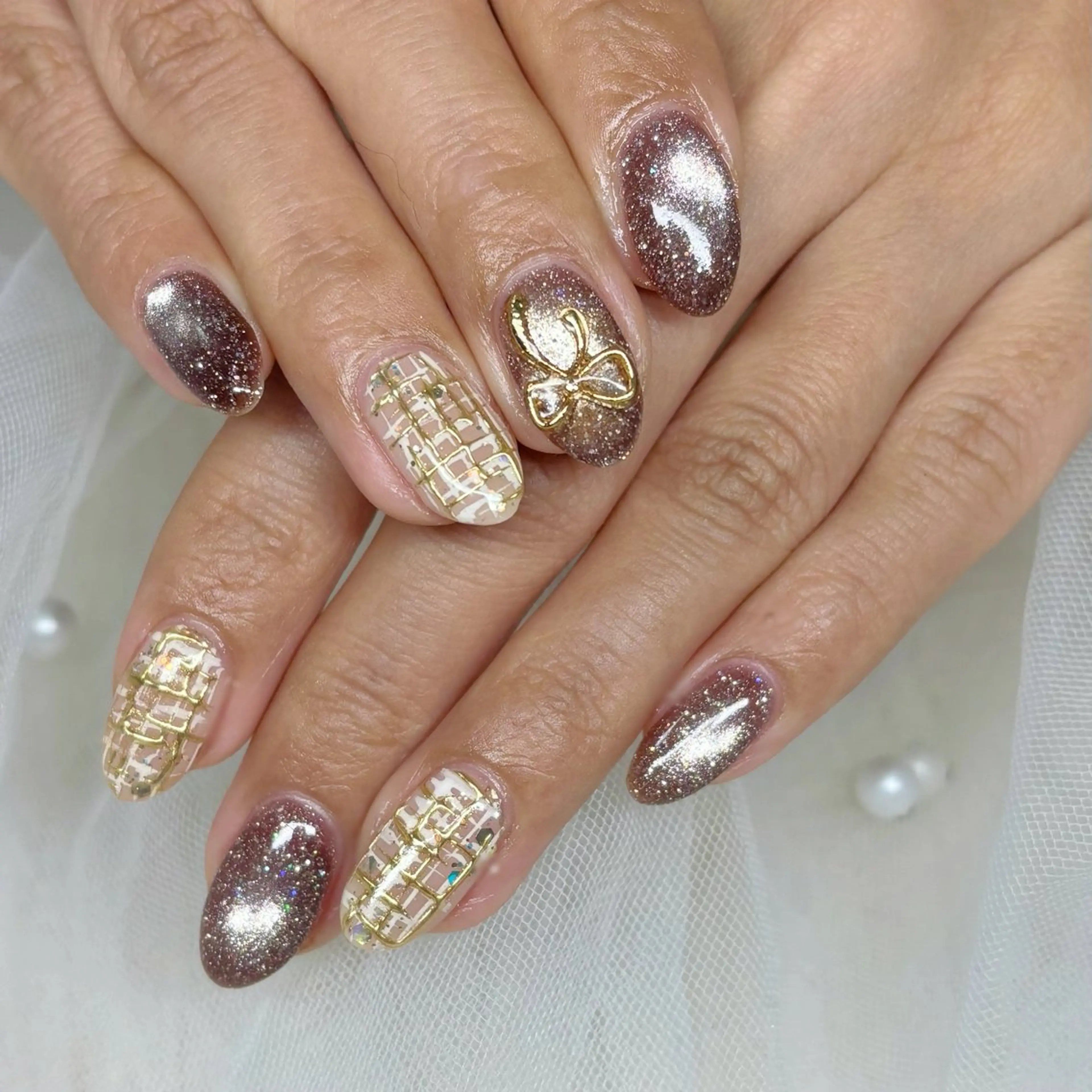 ネイル ミラーネイル ツイードネイル ハンドネイル Yuna🩵 RE:N.Nailのネイルデザイン