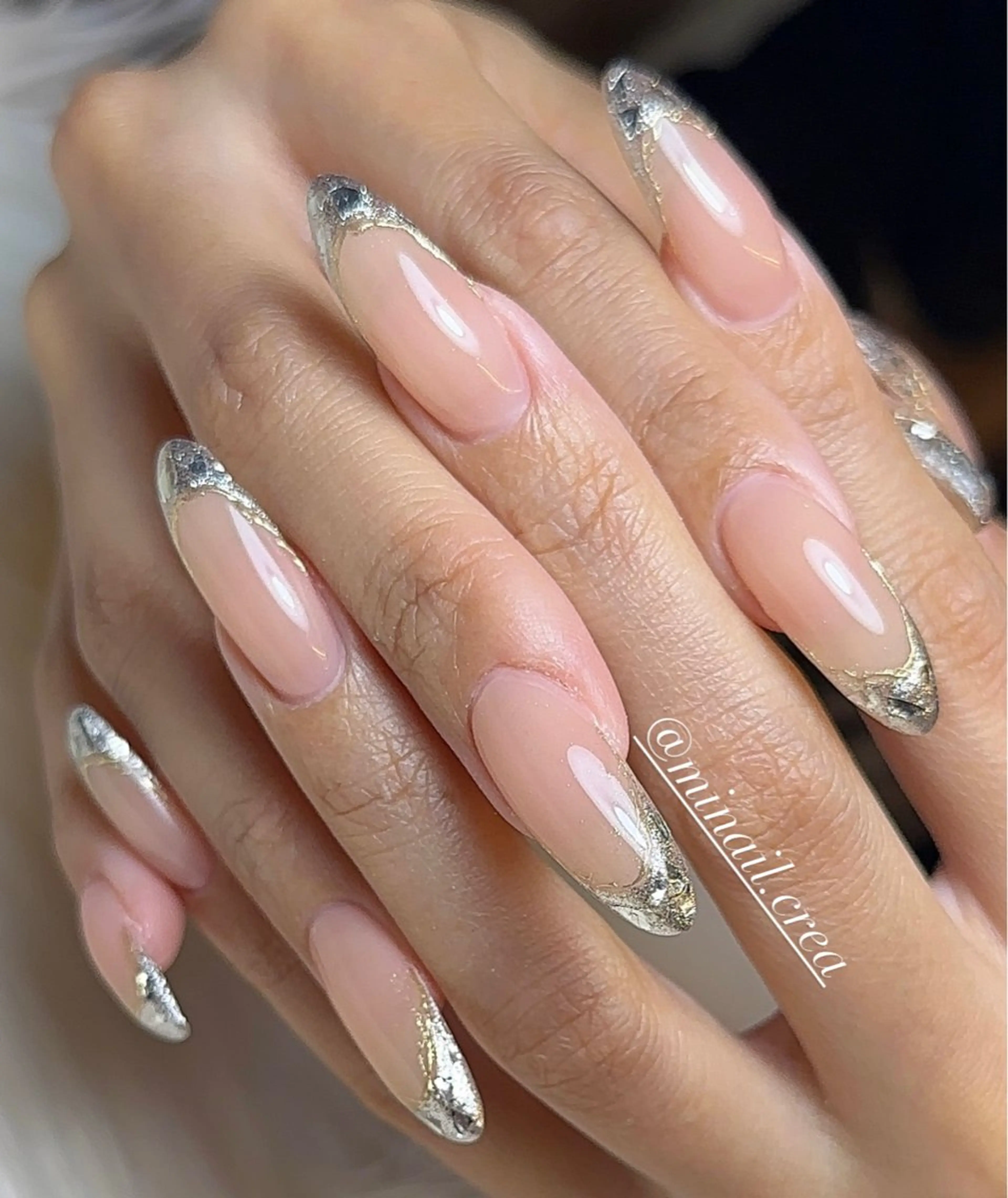 ネイル フレンチネイル ジェルネイル ガラスフレンチ キラキラネイル ロングネイル ハンドネイル CRéA　-private nailsalon-所属・CReA nailのネイルデザイン