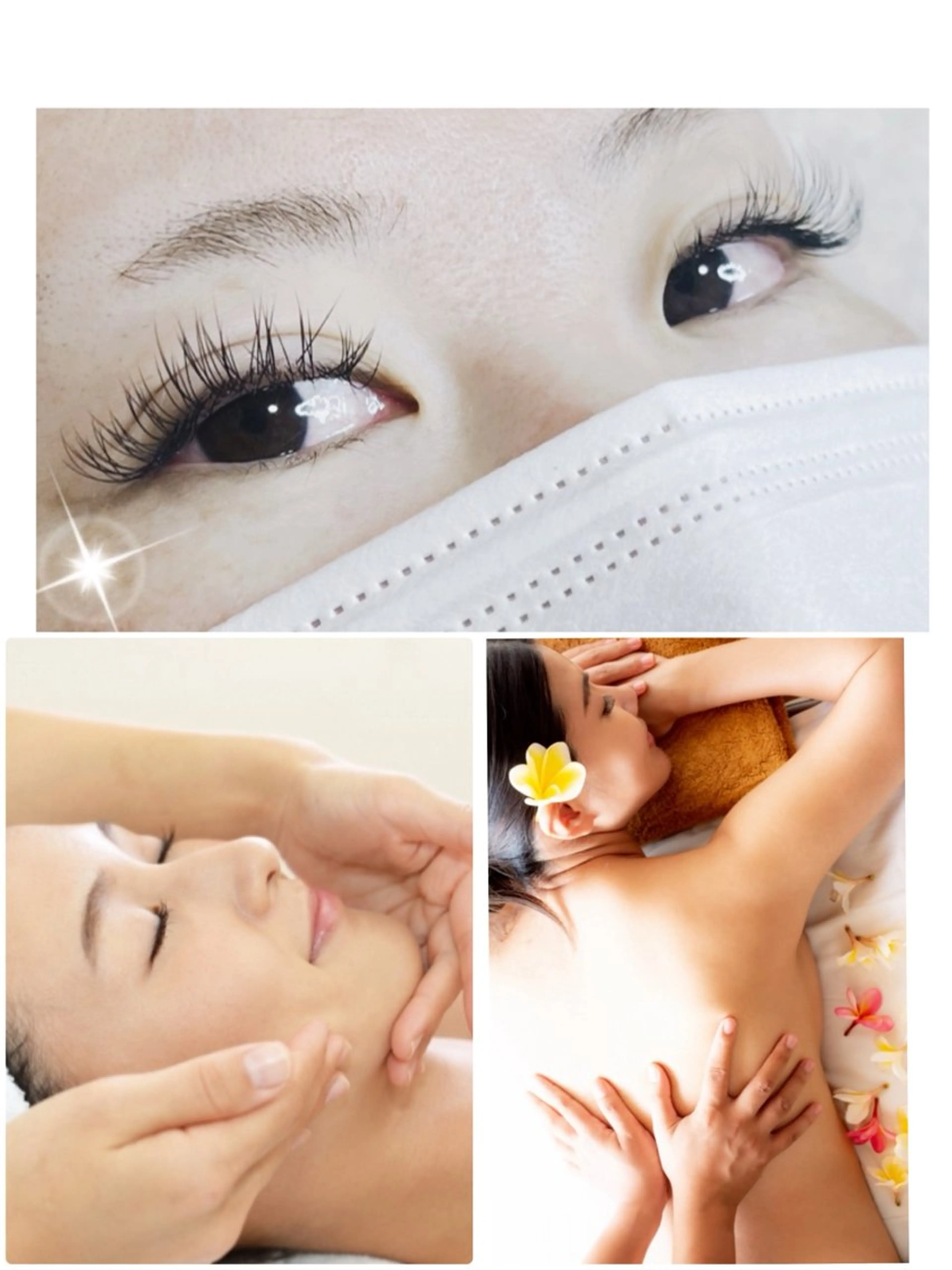 ボディオイルリンパマッサージ60分+フェイシャルマッサージ60分+シングルラッシュ120本​〜​(マツエク)の写真