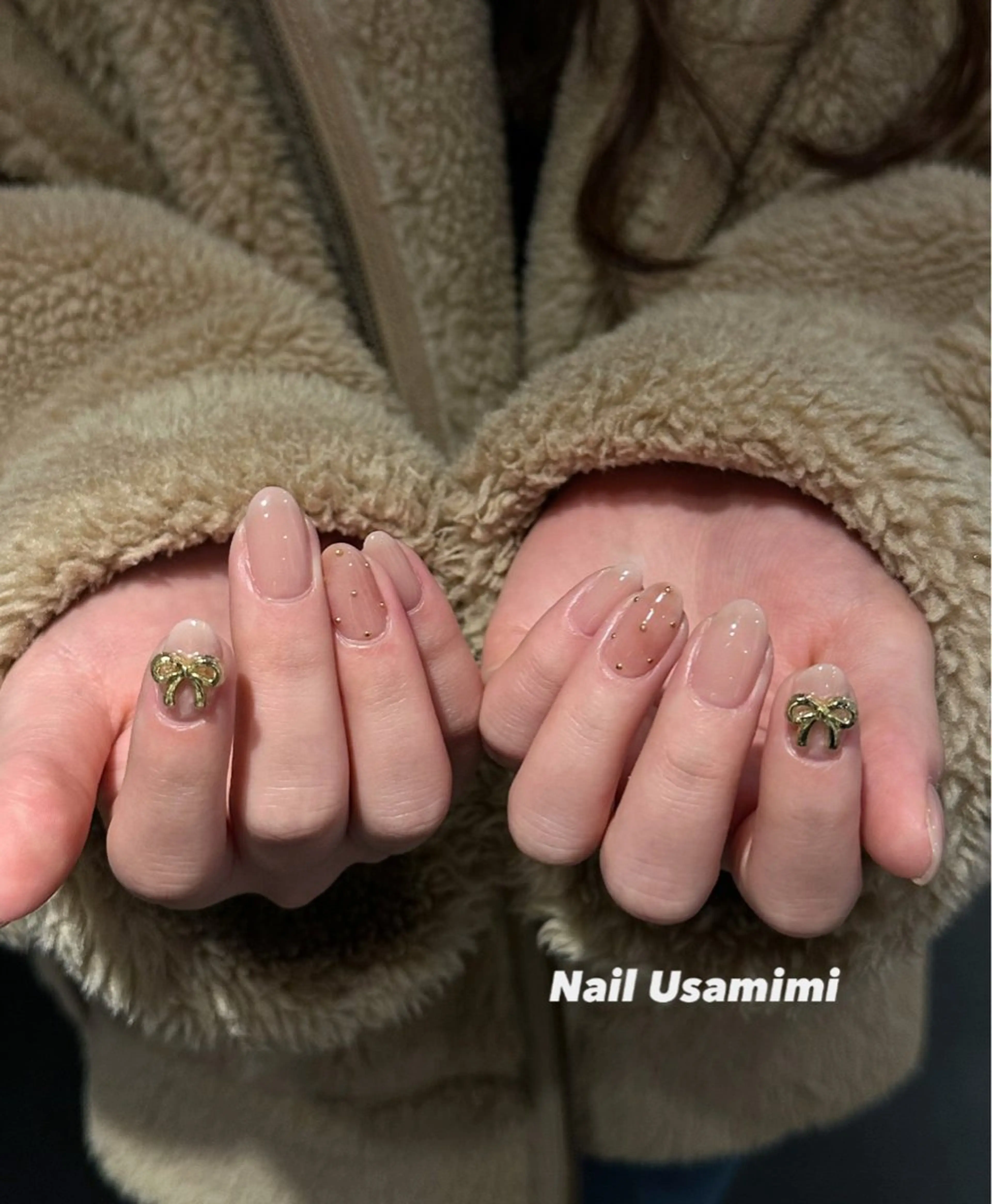ネイル ドット ニュアンスネイル リボン 春ネイル ハンドネイル 本町NailUsaM imi MOMOKAのネイルデザイン