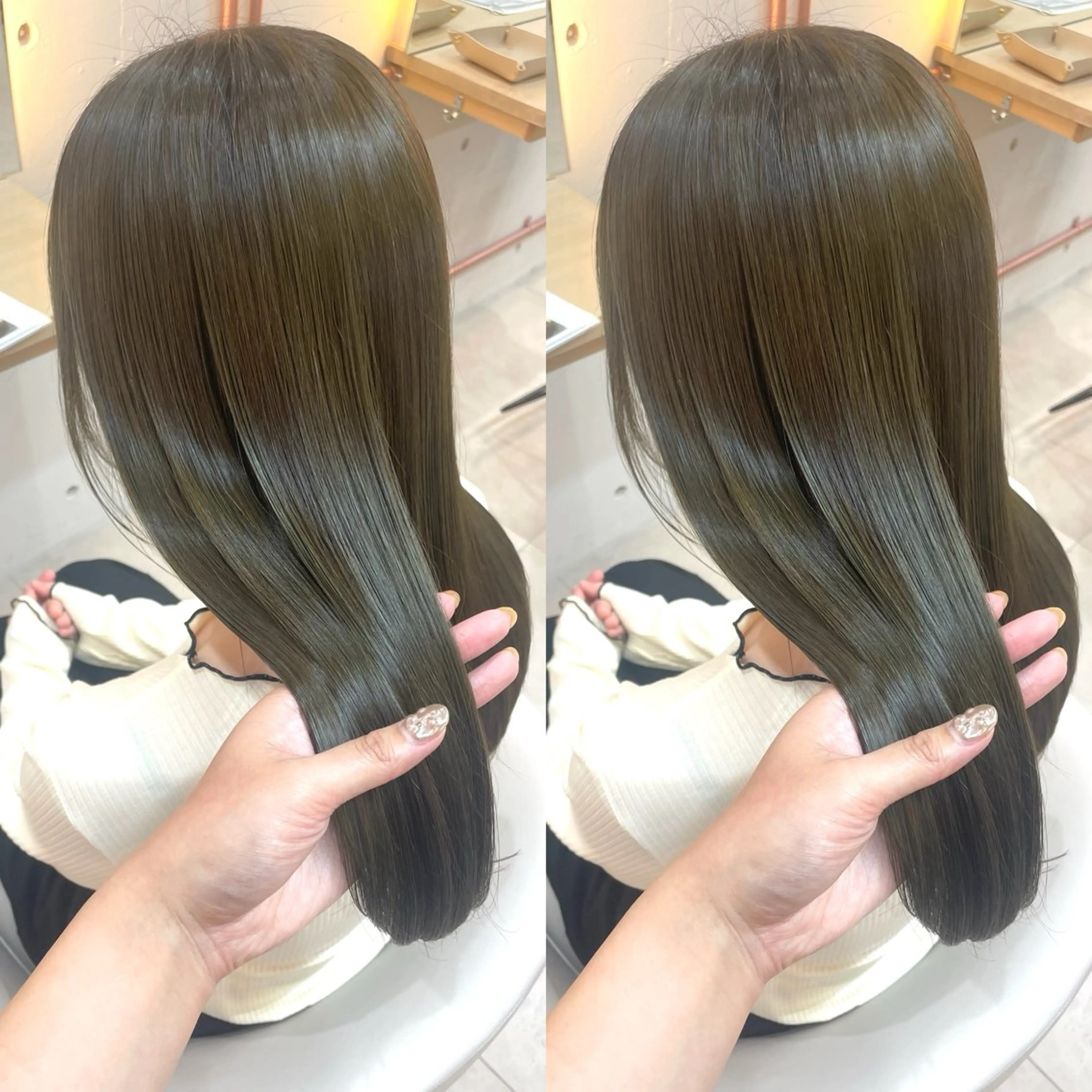 セミロング カラー ベージュカラー オリーブベージュ 髪質改善 トリートメント カット ヘアカラー トリートメント ヘアセット ブリーチ無しダブル カラー🦕まどかのヘアスタイル