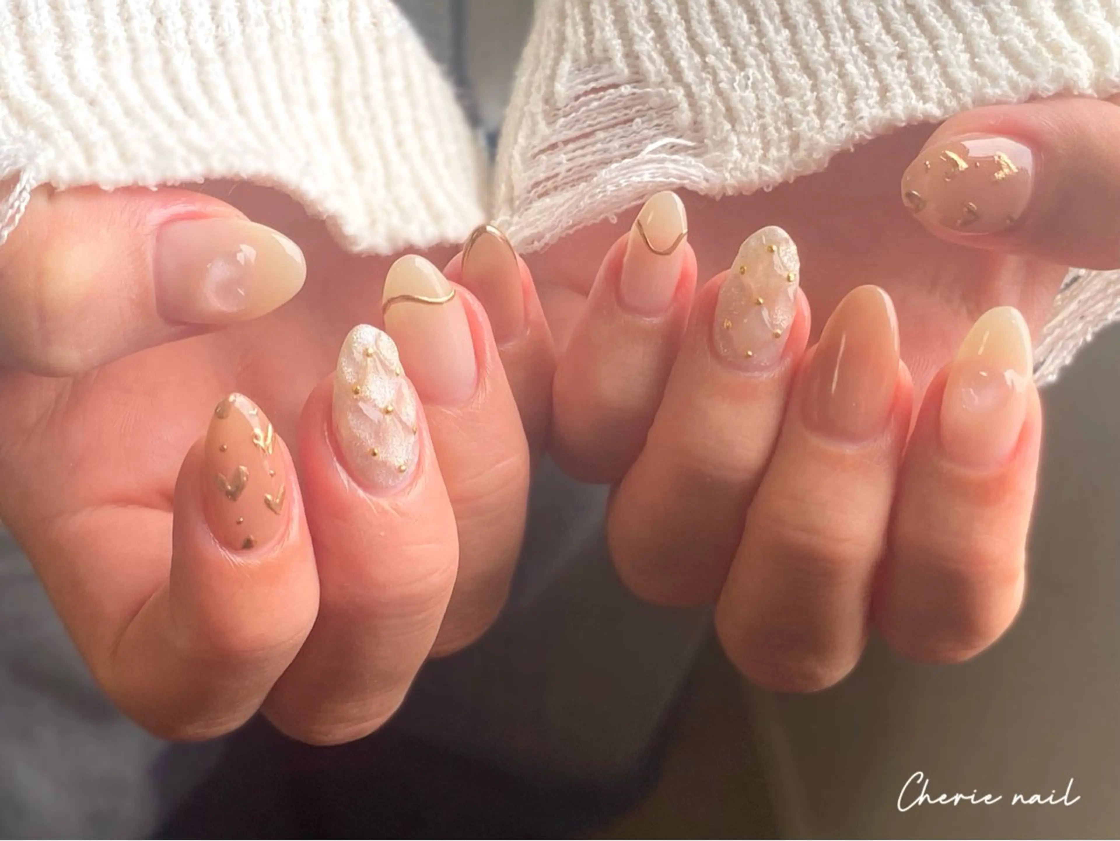 ネイル ブラウン ジェルネイル ハート ミラーネイル ハンドネイル Cherienail yunaのネイルデザイン