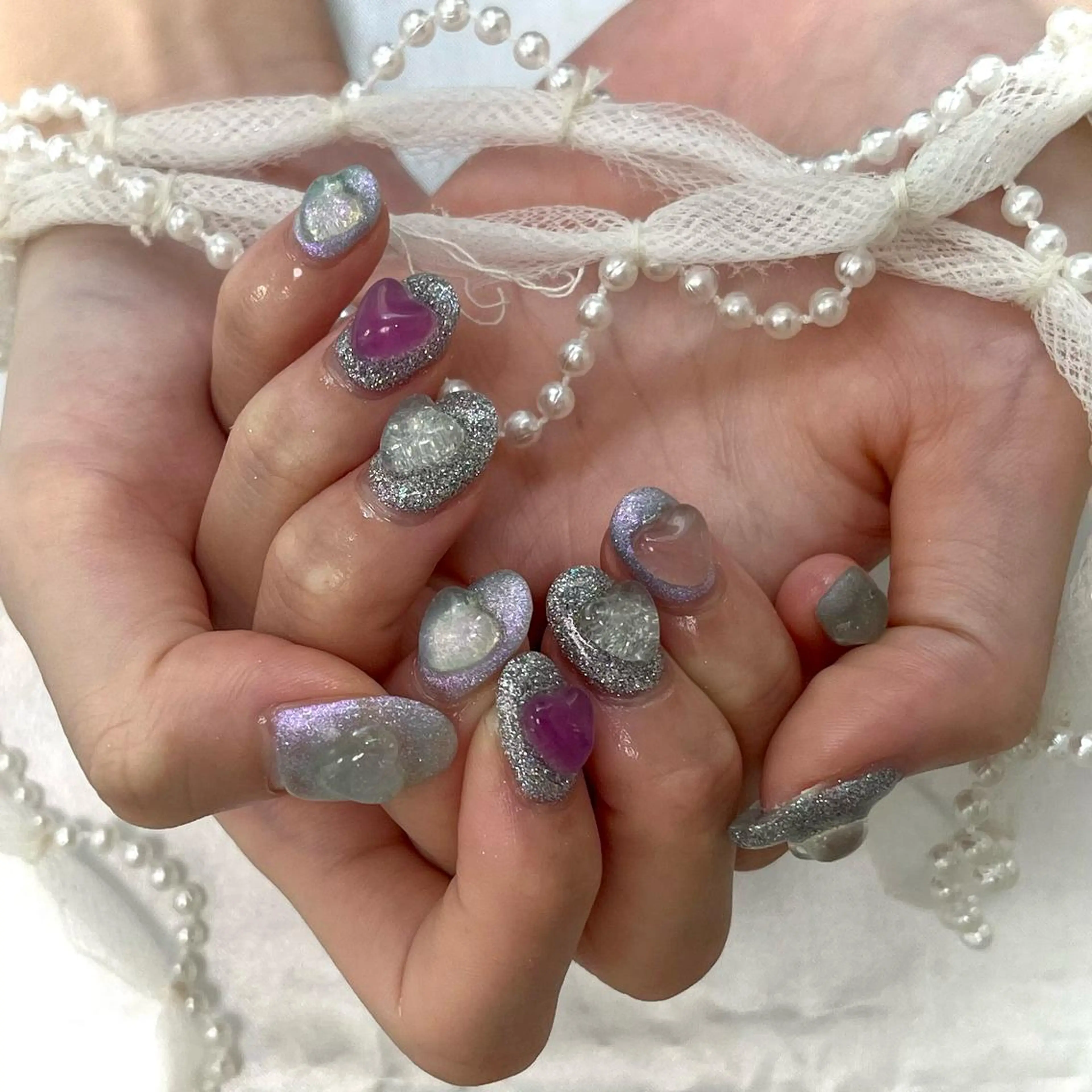 ネイル ハート 水色 オレンジ ピンク UVネイル 韓国ネイル💠 Tomoのネイルデザイン