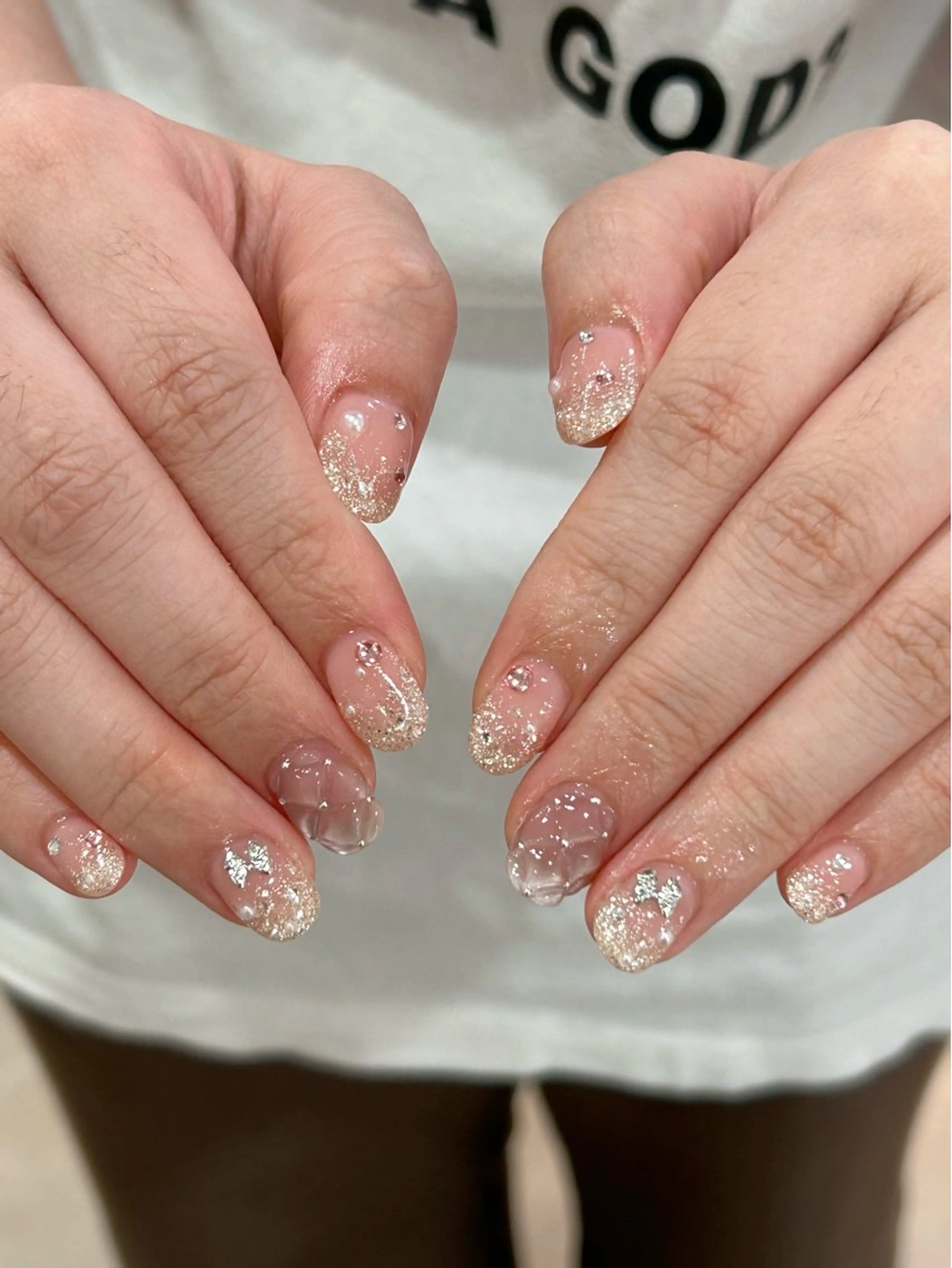 ネイル ラメ(グリッター) マグネットネイル ピンク リボン ハンドネイル Bianca栄店 はるなのネイルデザイン