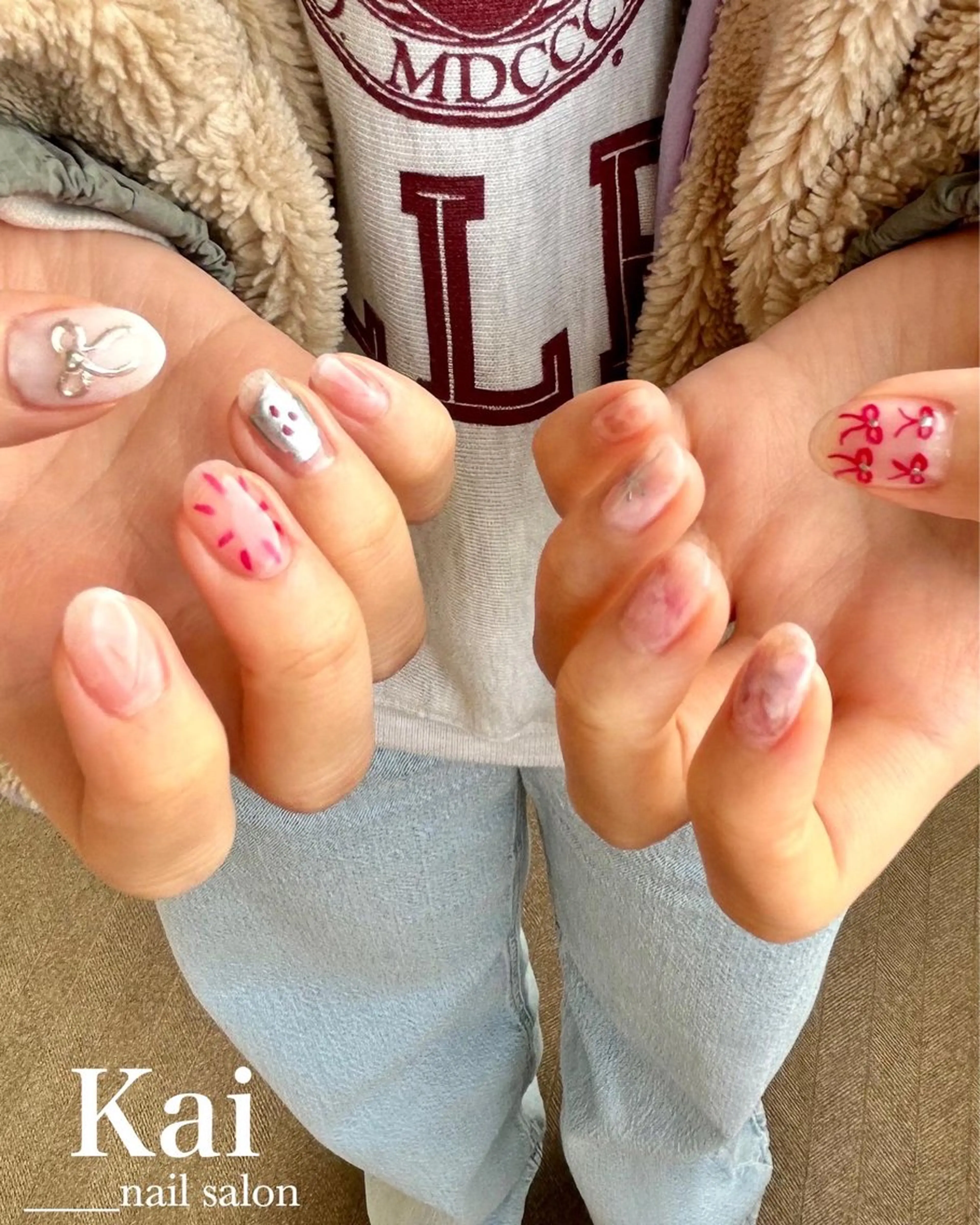 ネイル アートネイル 韓国ネイル 持ち込み ニュアンスネイル リボン ハンドネイル Kai  nail Mayukoのネイルデザイン