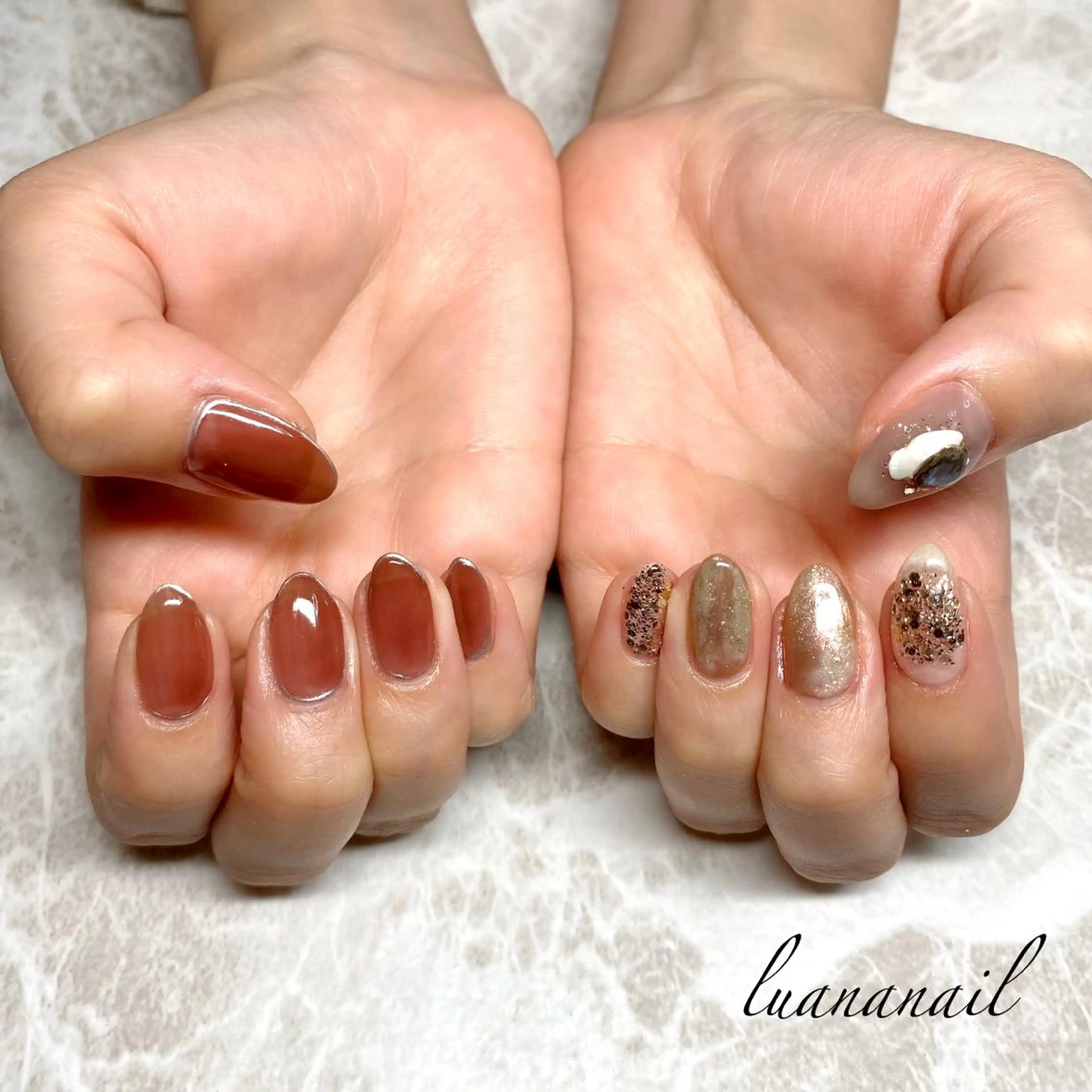 ネイル ブラウン 赤色 luana nailのネイルデザイン