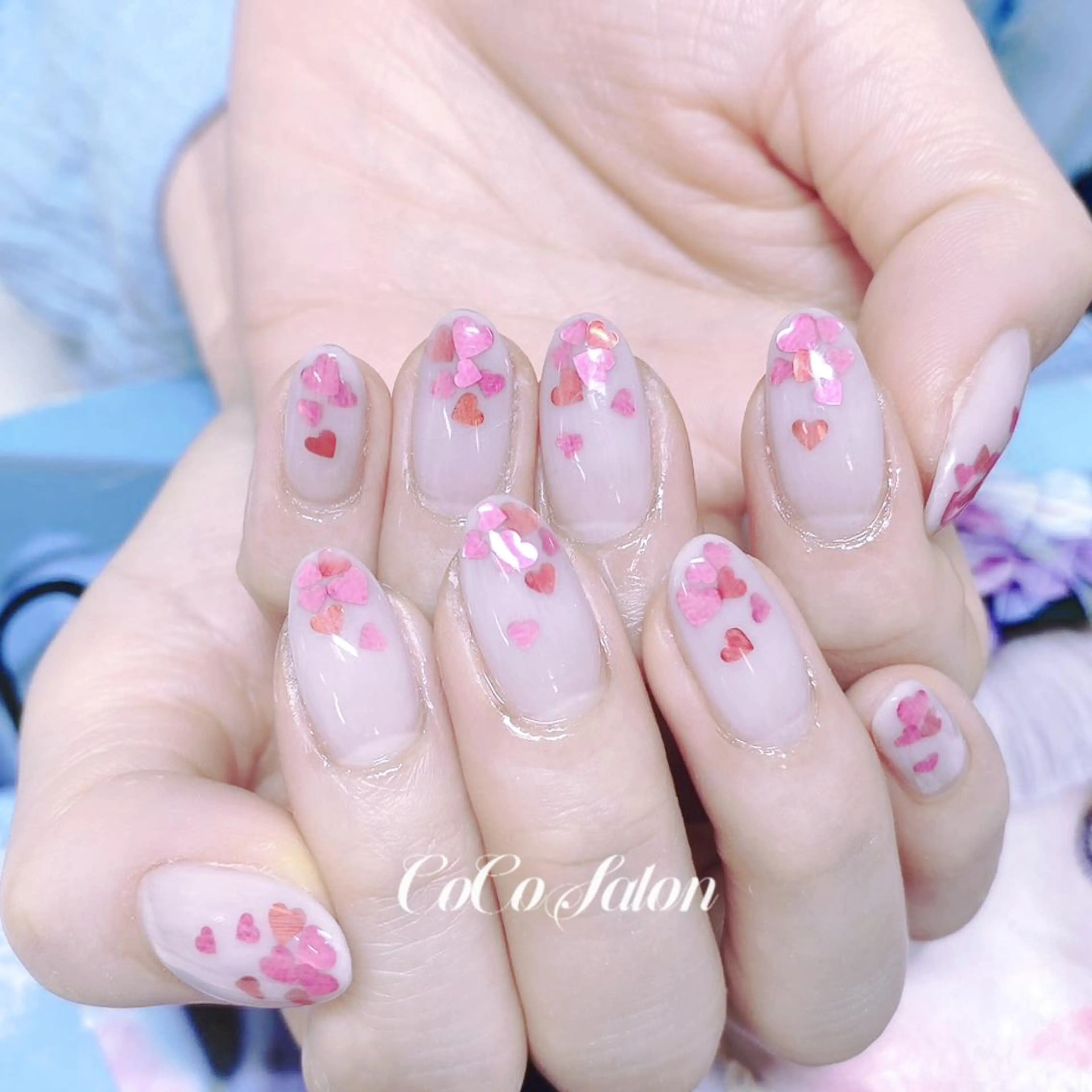 ネイル 長さ出し ジェルネイル グラデーション ハート ホログラムネイル ハンドネイル CoCoSalon ネイル/まつ毛予約のネイルデザイン