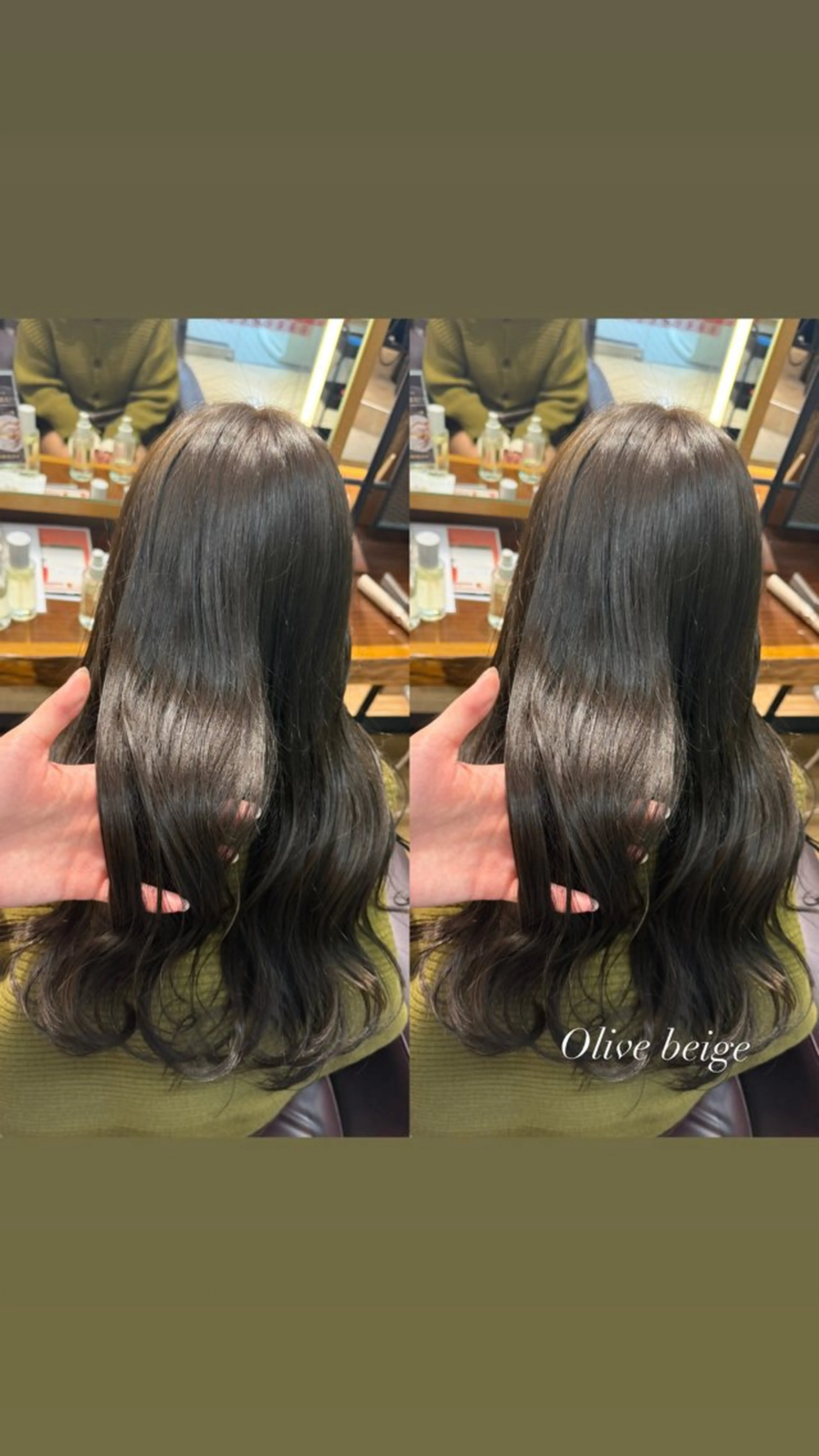 ロング カラー ベージュカラー オリーブベージュ カット ヘアカラー 艶カラー/ ストレート/くるみのヘアスタイル