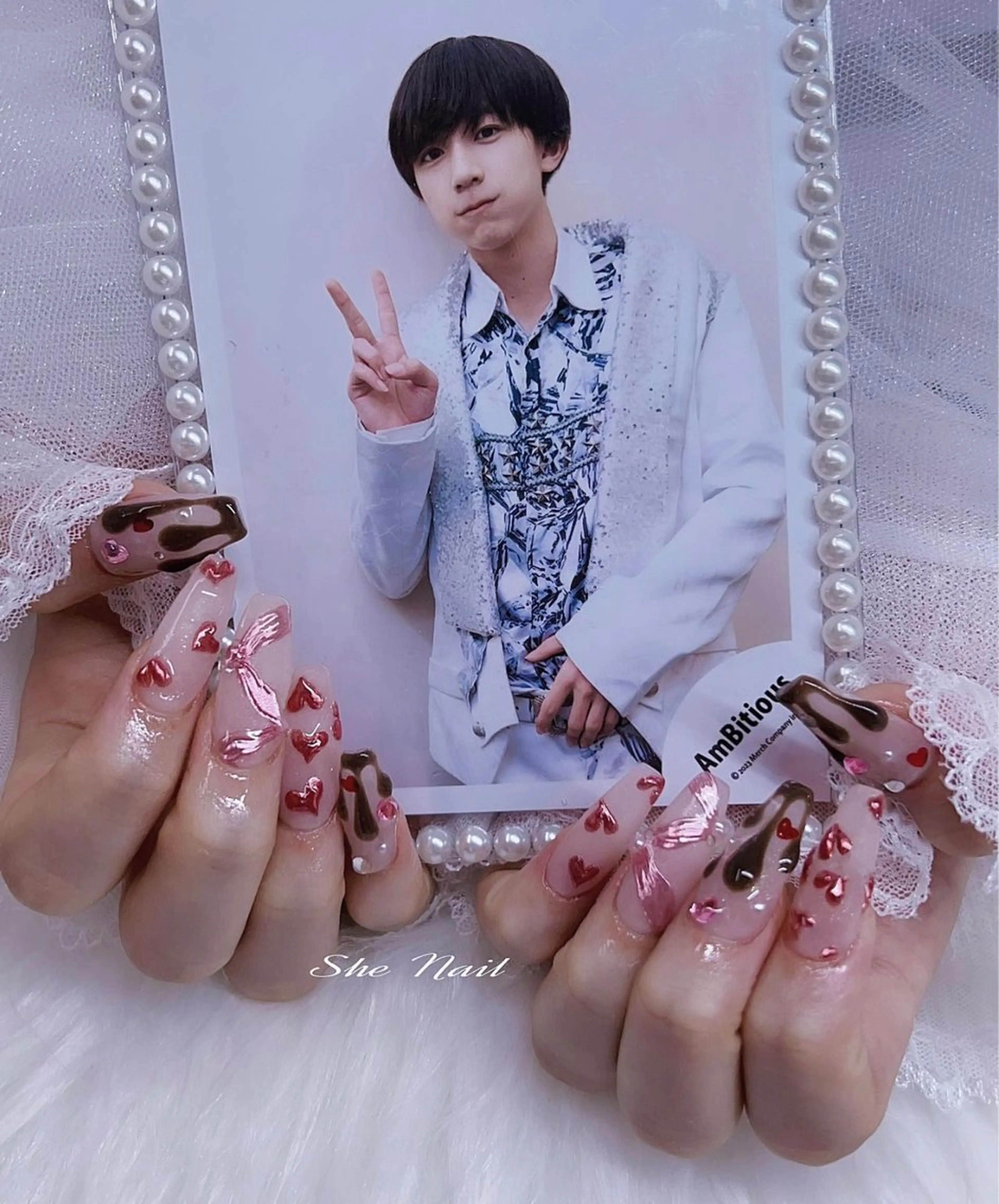 ネイル チークネイル 長さ出し フレンチネイル ガラスフレンチ キラキラネイル She   Nail所属・ISA_ BELLAのネイルデザイン