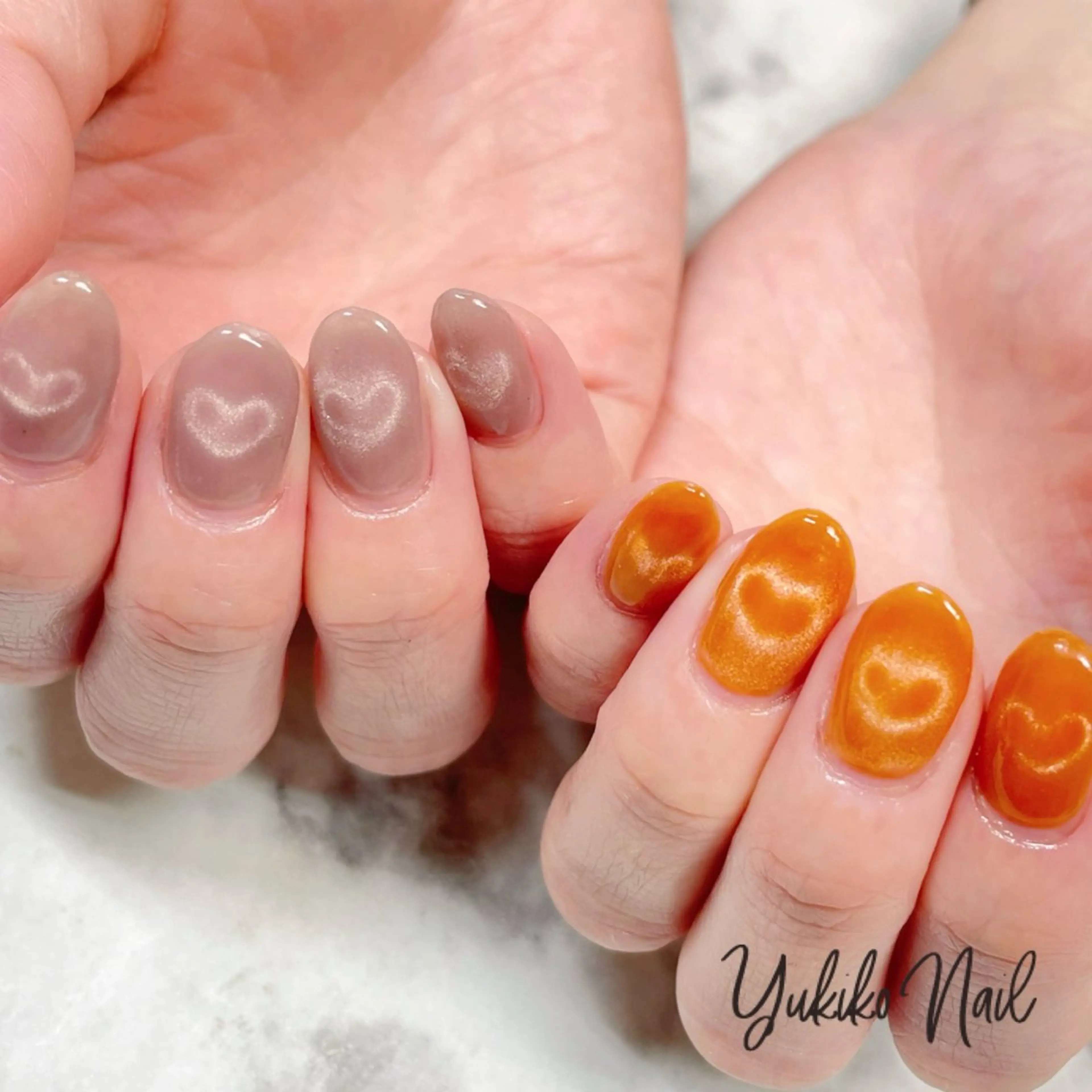 ネイル ハート マグネットネイル オレンジ ハンドネイル ユキコ ネイルのネイルデザイン