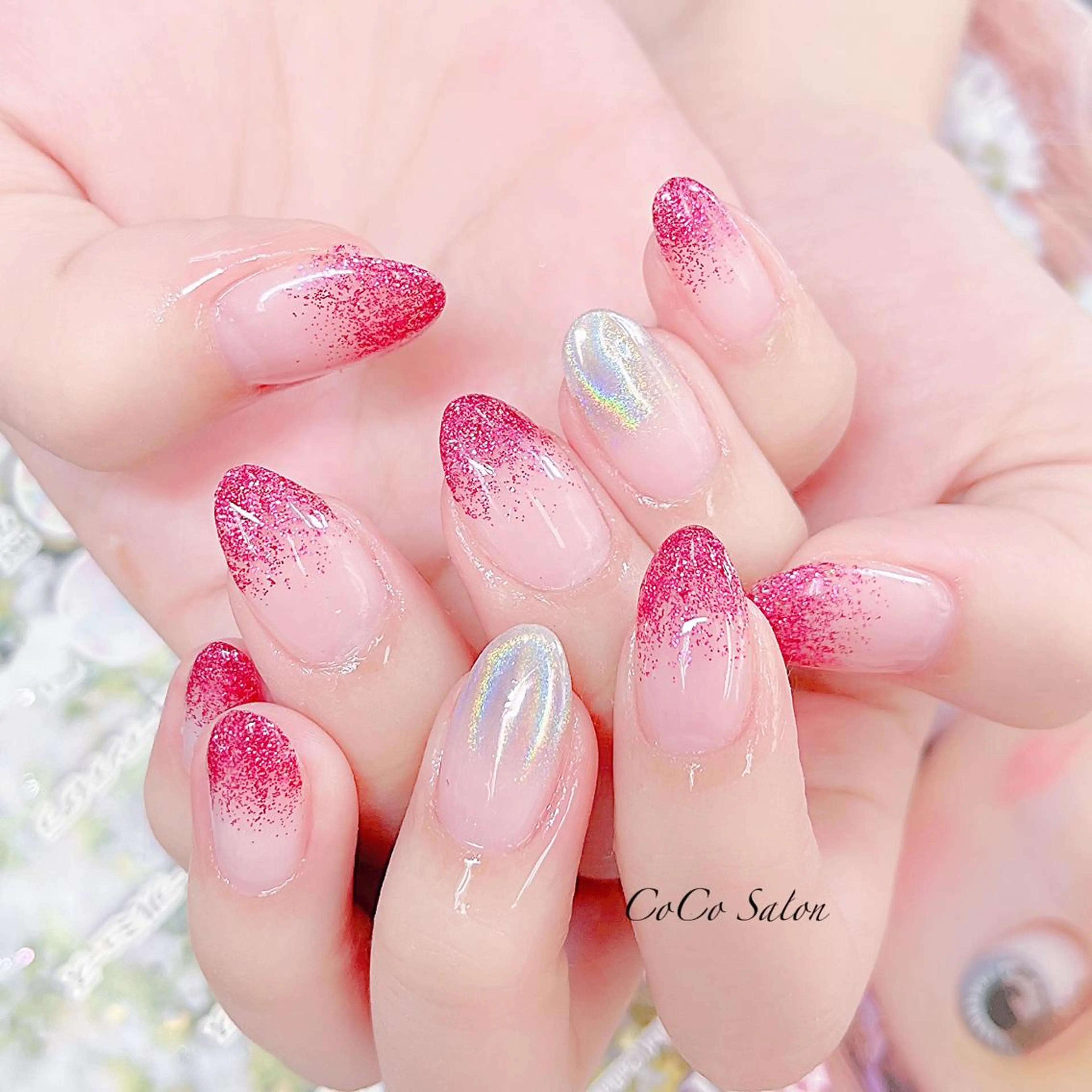 ネイル 長さ出し ジェルネイル グラデーション キラキラネイル ラメ(グリッター) ハンドネイル CoCoSalon ネイル/まつ毛予約のネイルデザイン