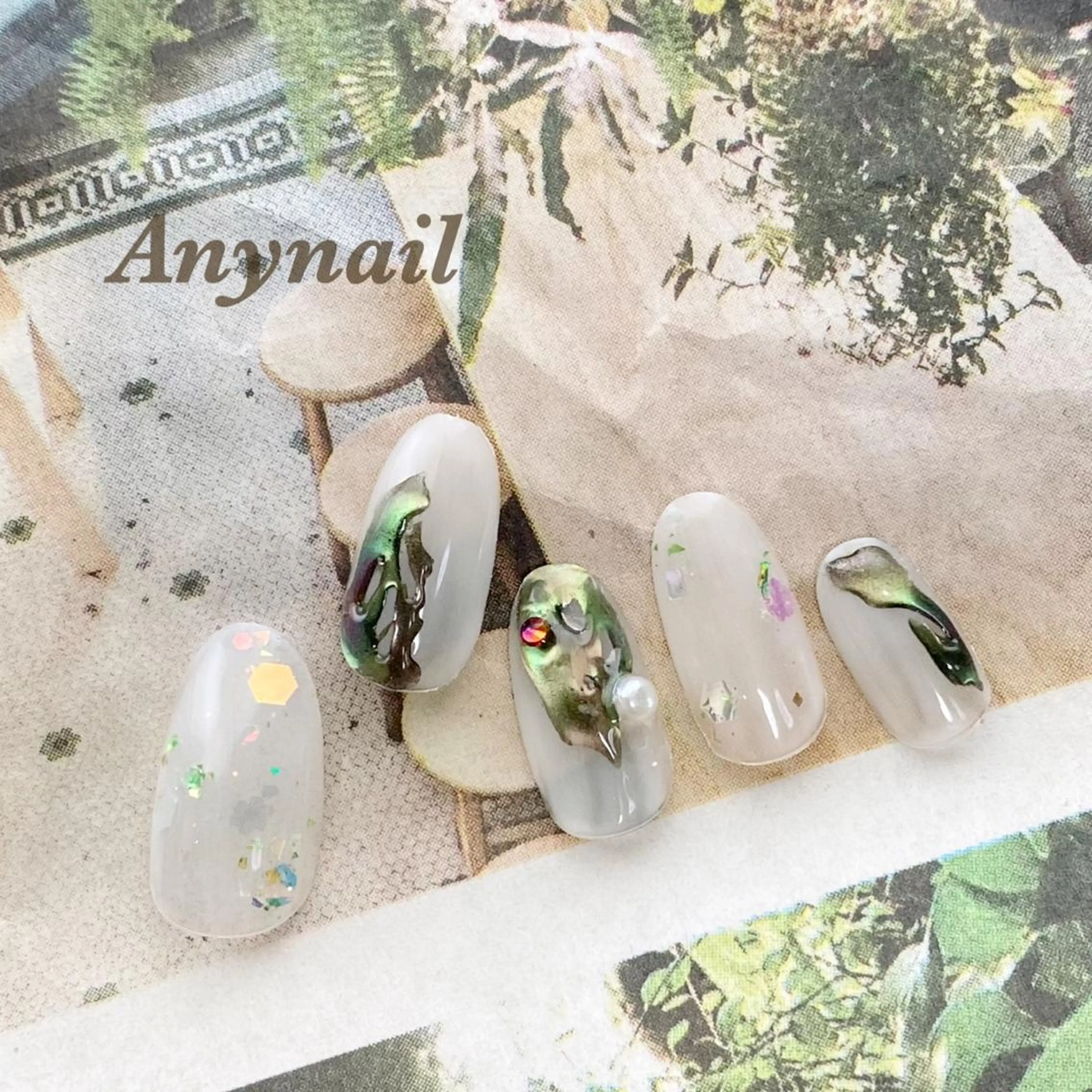 ネイル アートネイル ブルー グリーン ホログラムネイル ミラーネイル ハンドネイル 岩澤 恵子のネイルデザイン