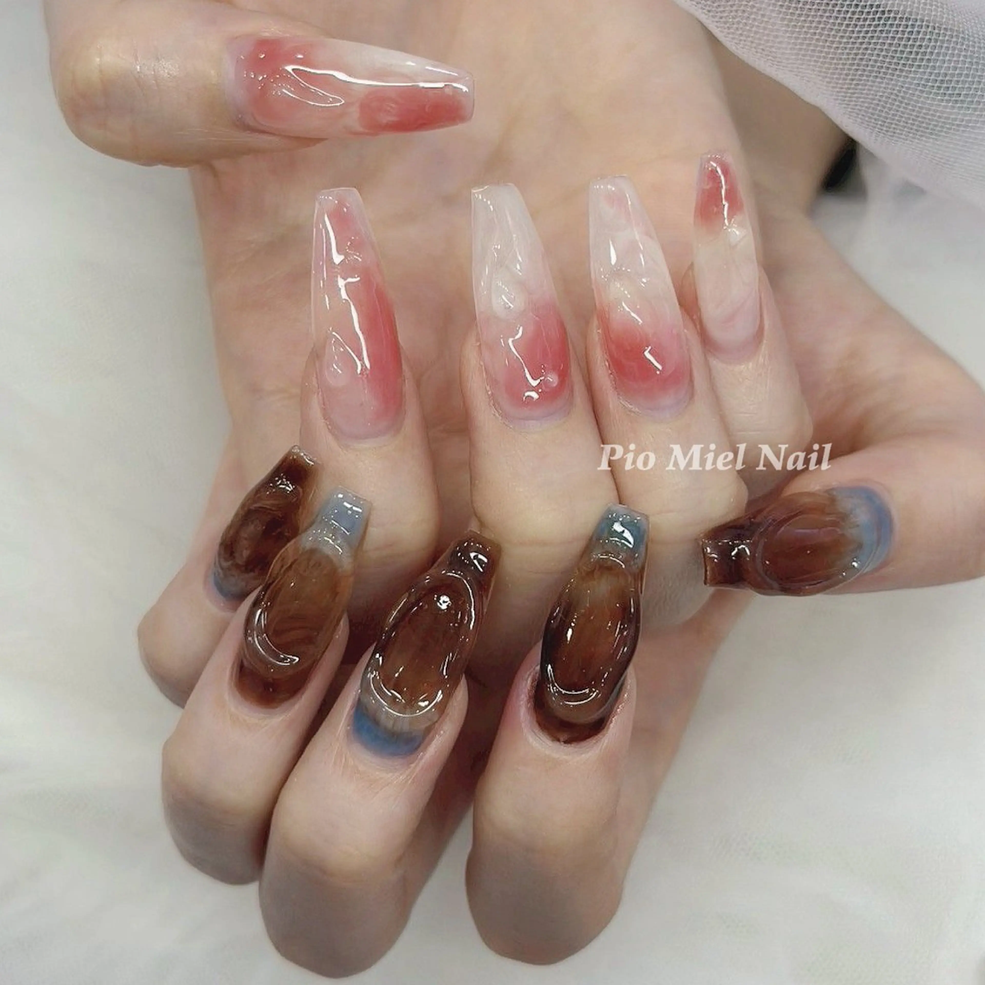 ネイル ブラウン 韓国ネイル ロングネイル ミラーネイル ニュアンスネイル ハンドネイル HANA 長さだしのネイルデザイン