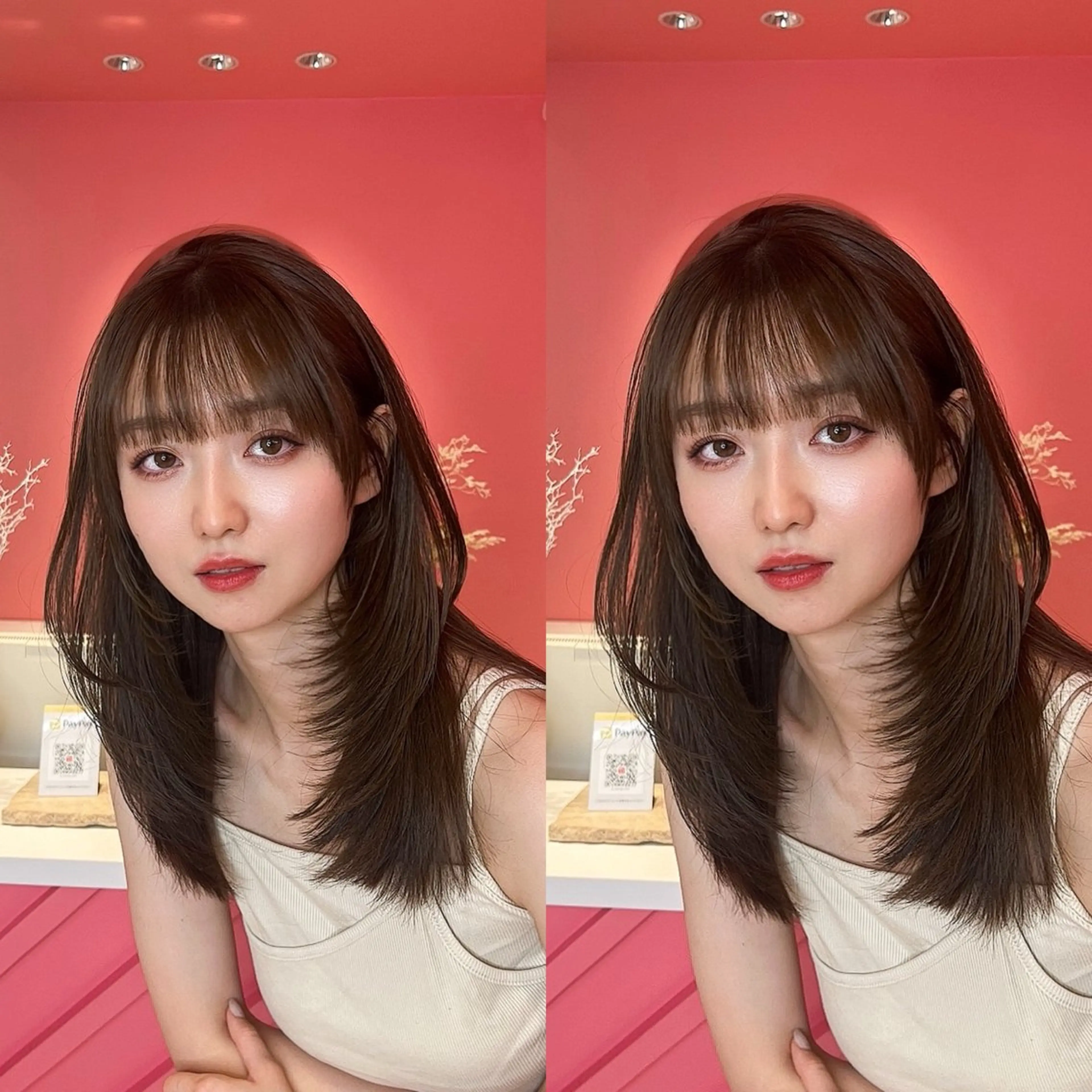 ミディアム カラー ワンレンボブ ショートボブ ベージュカラー ブリーチ ケアブリーチ 山崎/ボブ縮毛矯正 レイヤー髪質改善のヘアスタイル