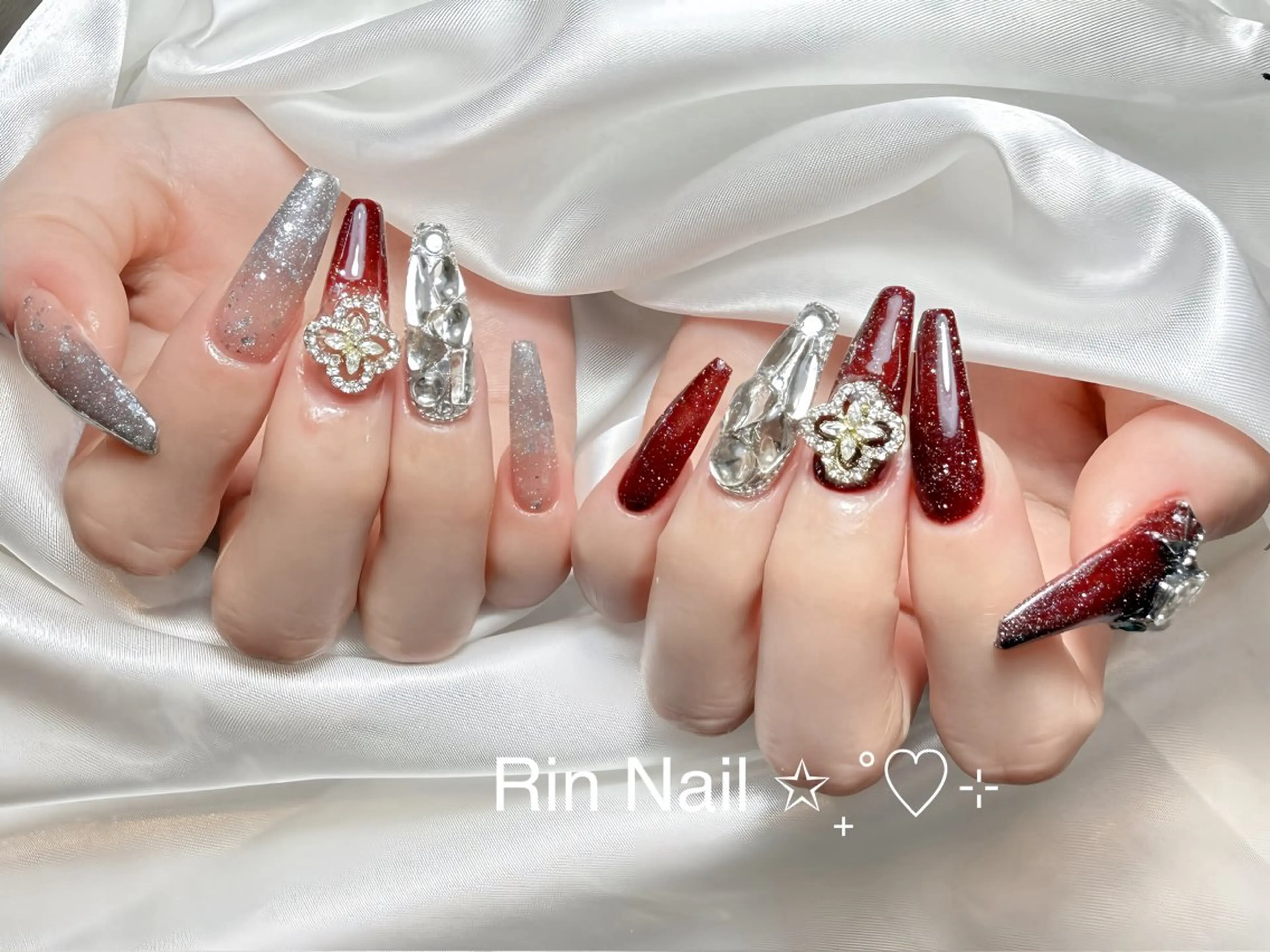 ネイル アートネイル 成人式 ロングネイル ニュアンスネイル スカルプネイル ハンドネイル Rin Nail 新大久保店のネイルデザイン