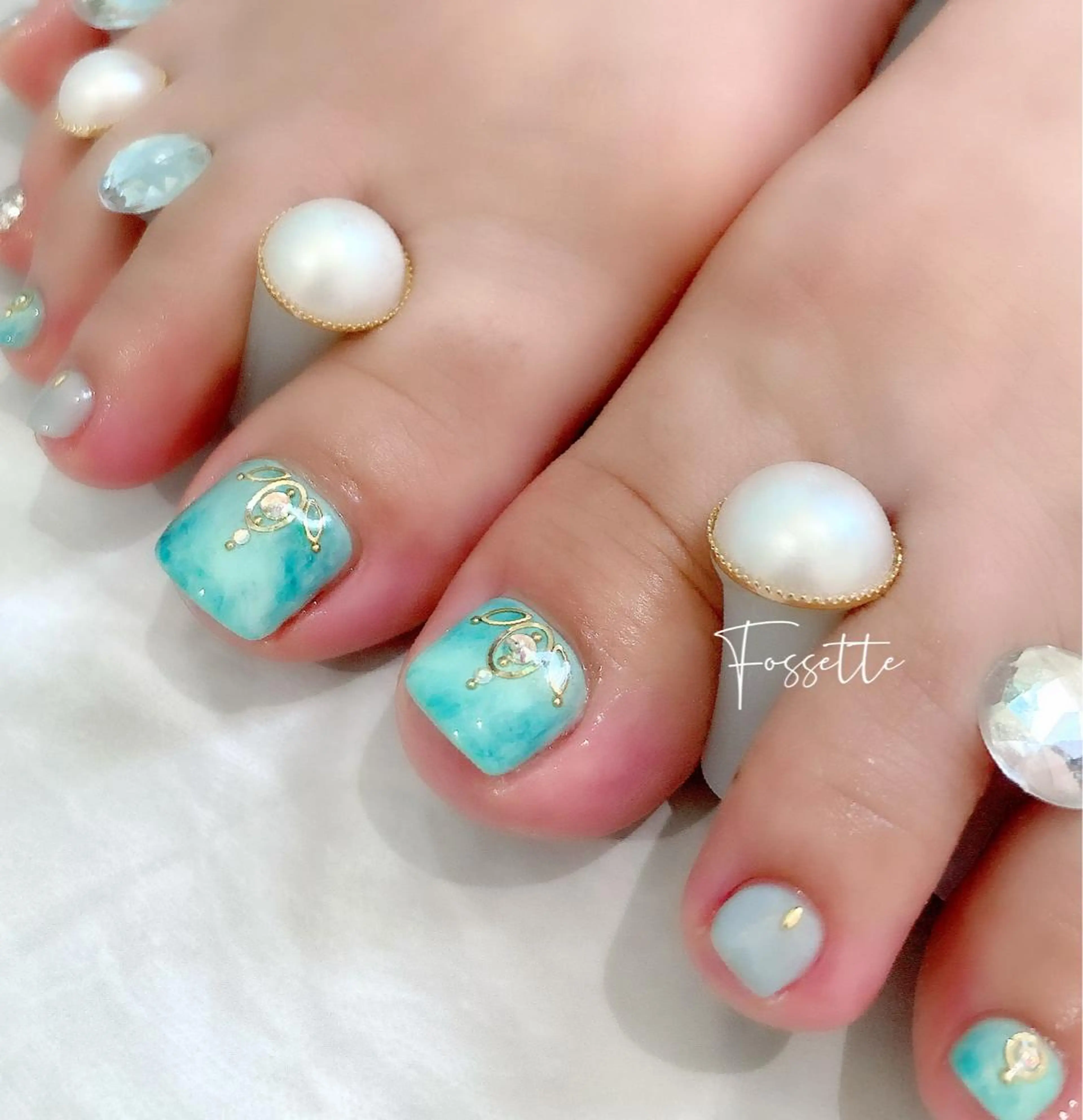 ネイル アートネイル ブルー フットネイル ジェルネイル グリーン nailsalon Fossetteのネイルデザイン