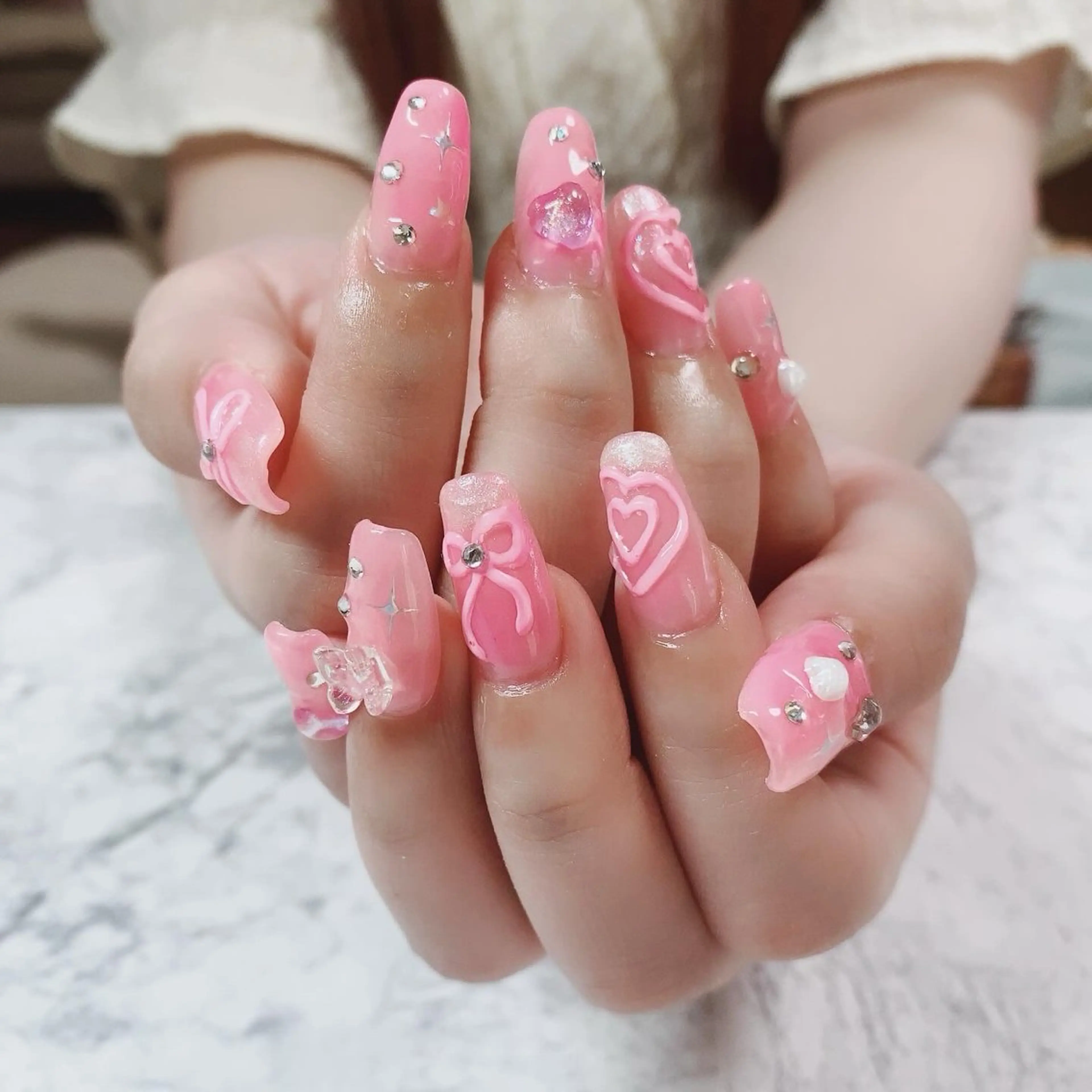 ネイル クリアネイル 長さ出し グラデーション ハート ラメ(グリッター) マジョリカ ブルーのネイルデザイン