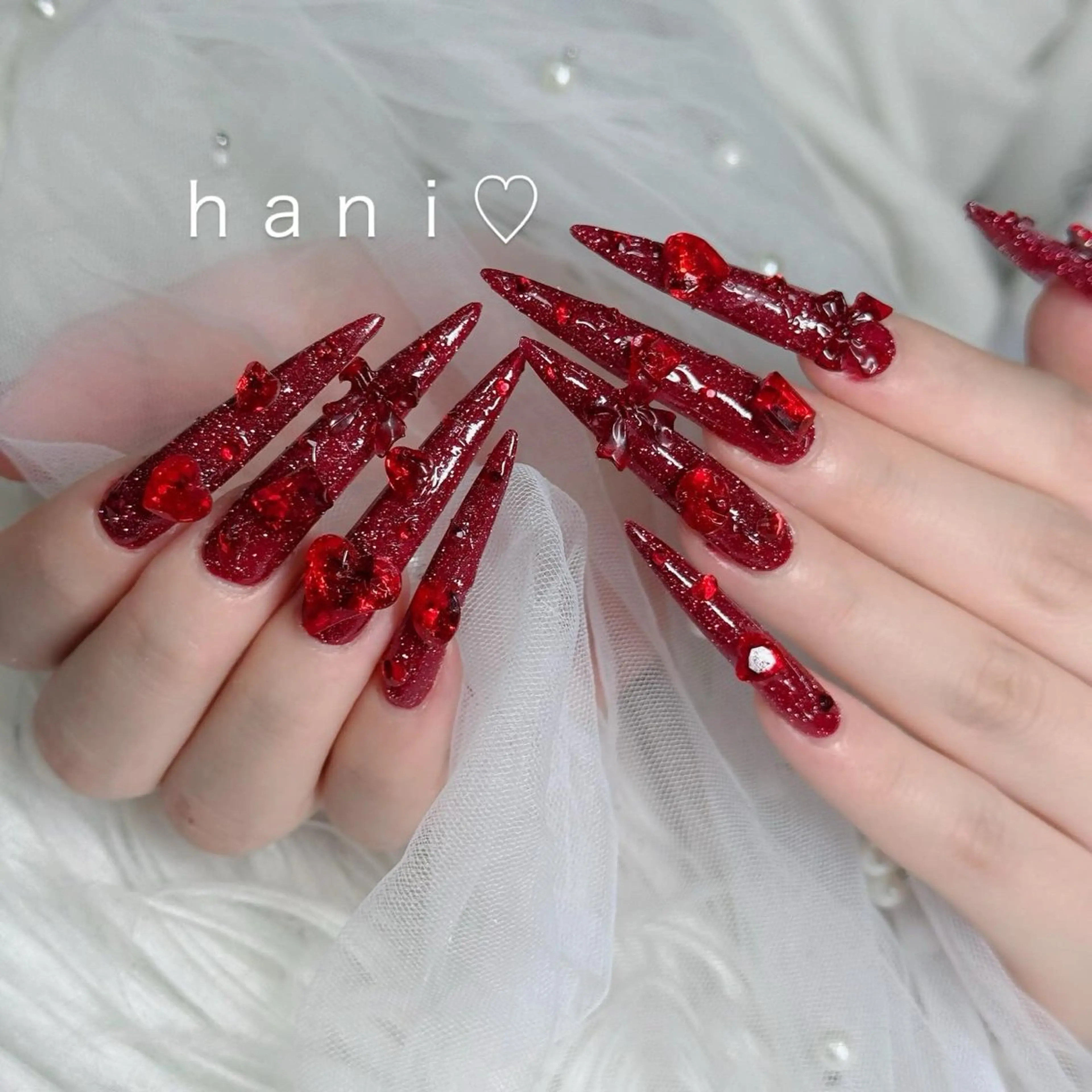 ネイル 成人式 ロングネイル マグネットネイル 大理石ネイル(マーブル) リボン ハンドネイル Hani Nail Salonのネイルデザイン