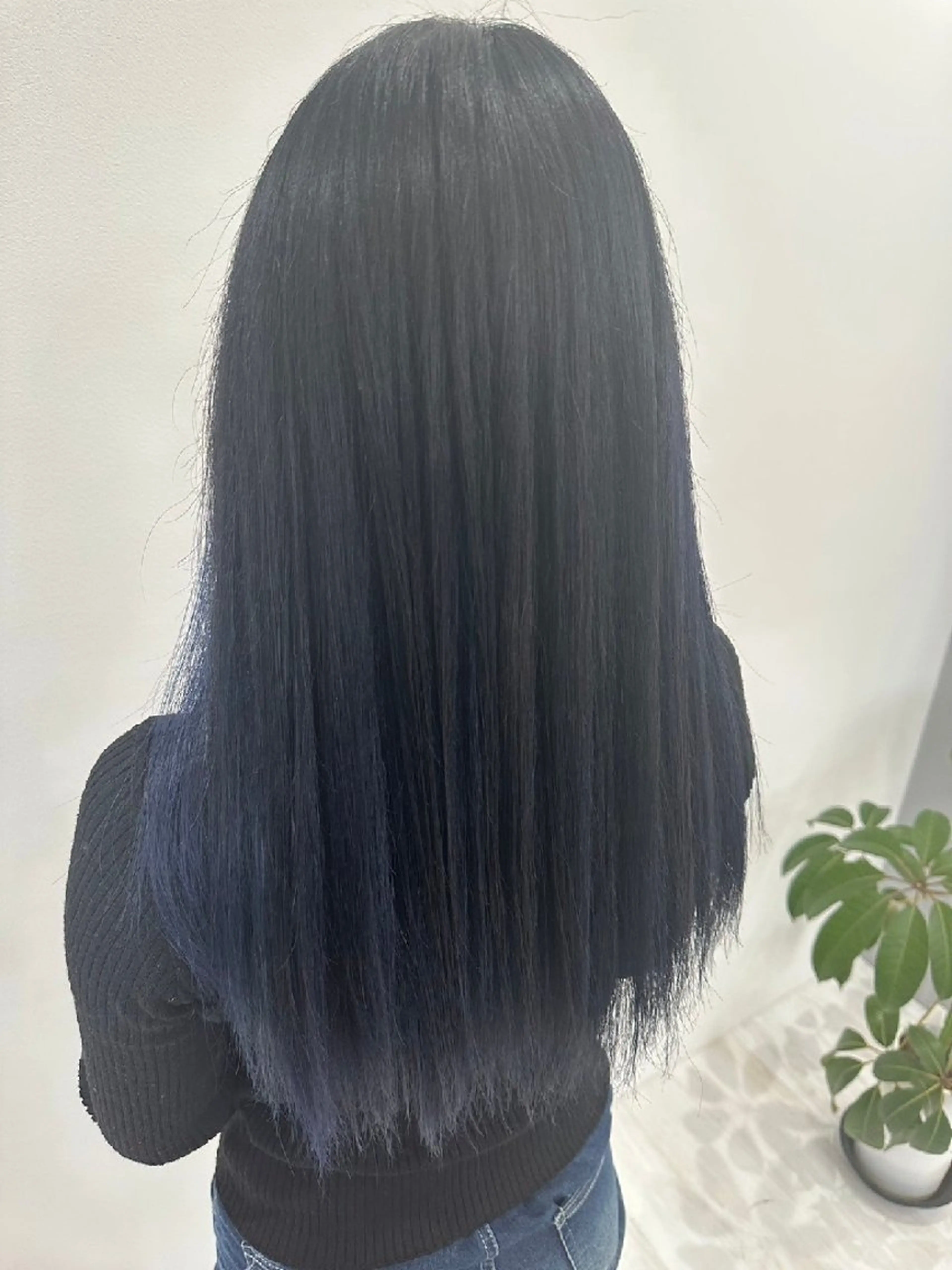 ロング カラー 黒髪 ブルーカラー ブルーブラック 婦中／メンズ/パーマ カラー/縮毛/波巻きのヘアスタイル